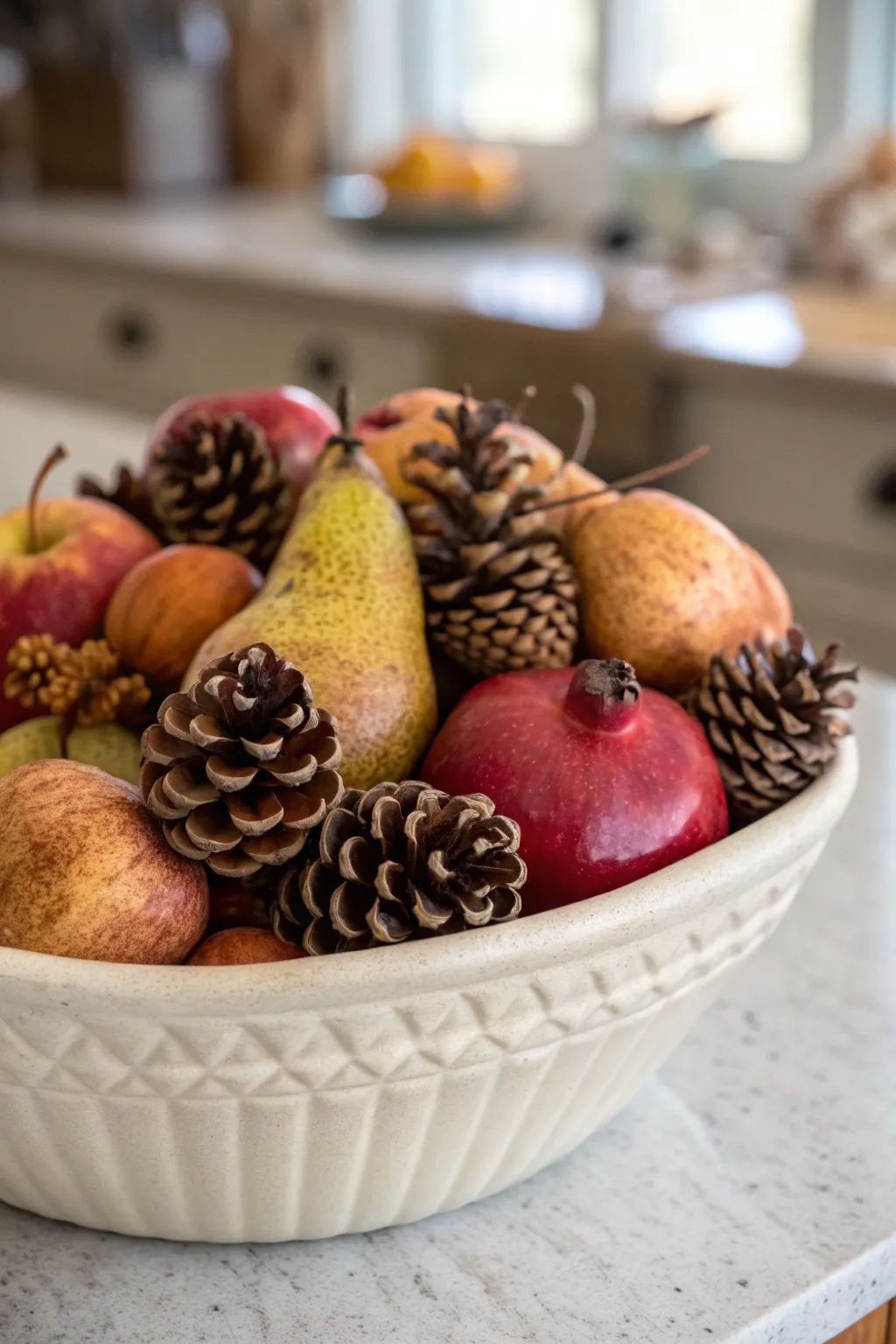 Low ceramic bowl centerpiece with pears, pomegranates, and pinecones on a modern kitchen island