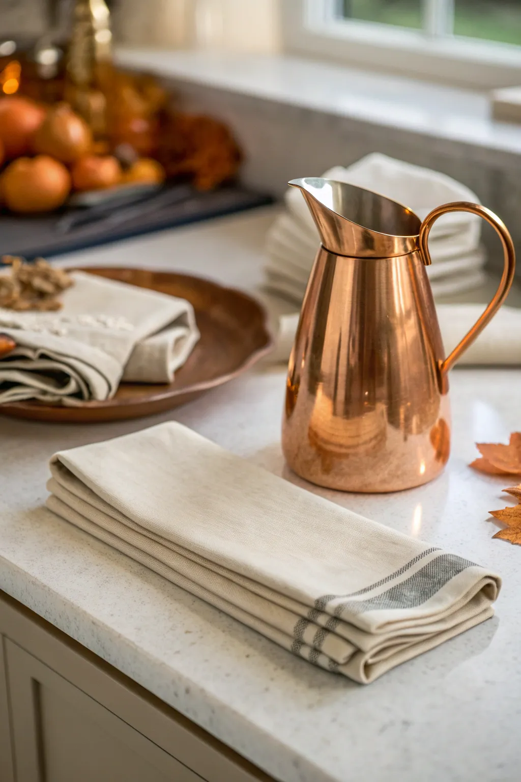 Copper pitcher and tray paired with neutral linen napkins on a warmly lit kitchen countertop