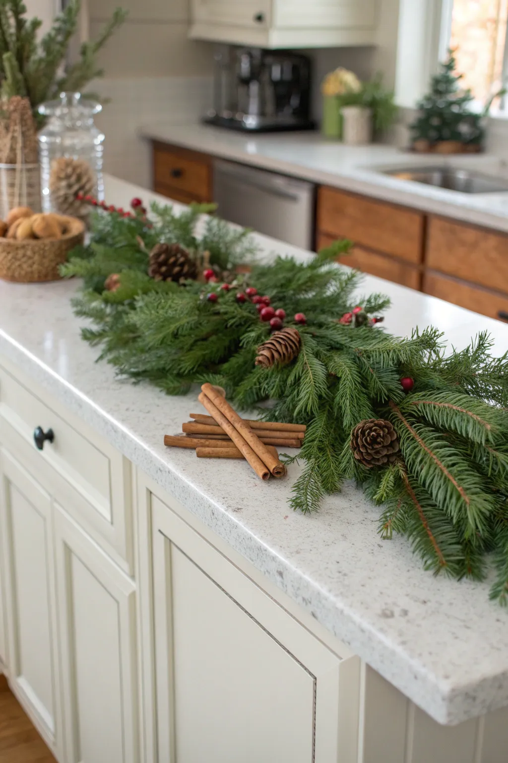 Evergreen garland with pine branches and cinnamon sticks arranged on a cozy kitchen island