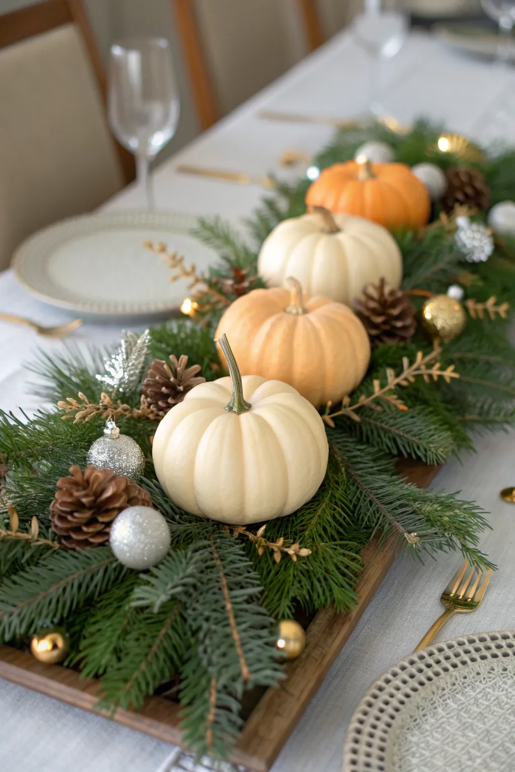 Festive table centerpiece with small pumpkins, evergreen branches, and gold ornaments under warm soft light.