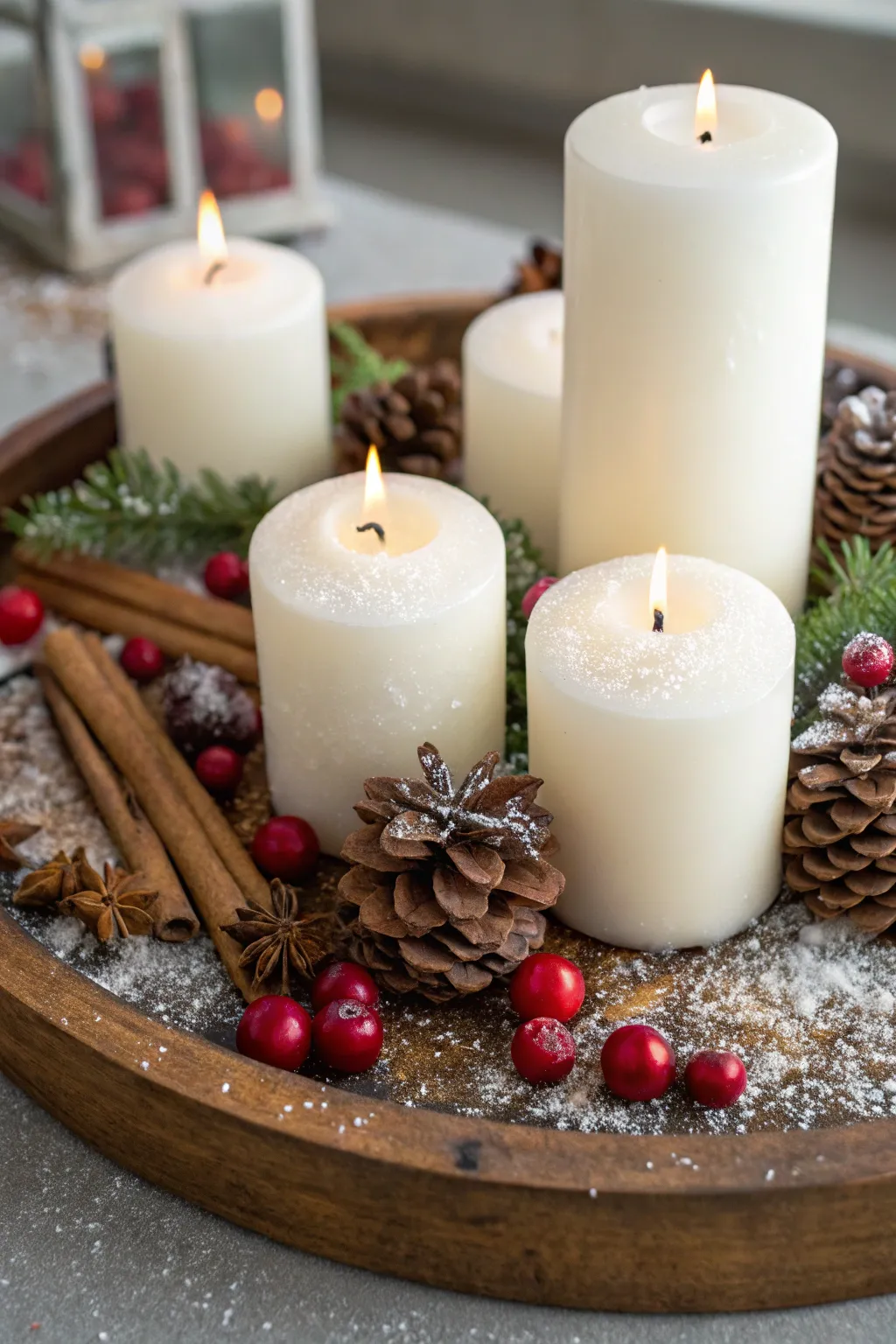 Rustic candle arrangement with pinecones and cranberries glowing in warm candlelight on a wooden surface.