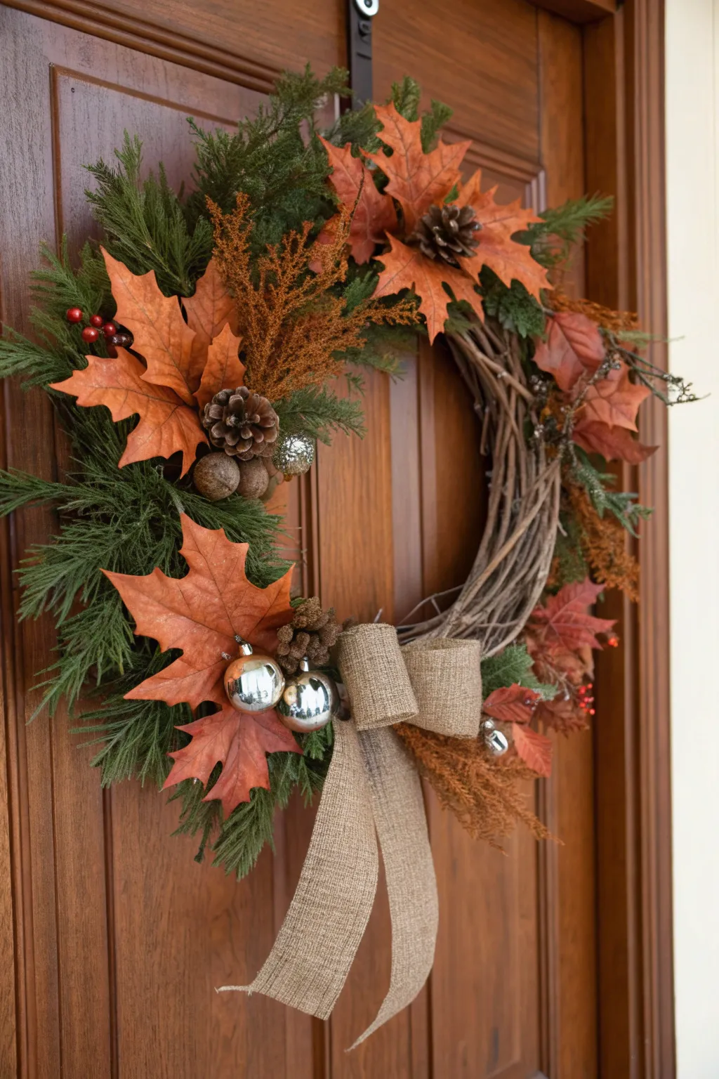 Rustic grapevine wreath with copper leaves, pine sprigs, and burlap ribbon hanging on a wooden door.