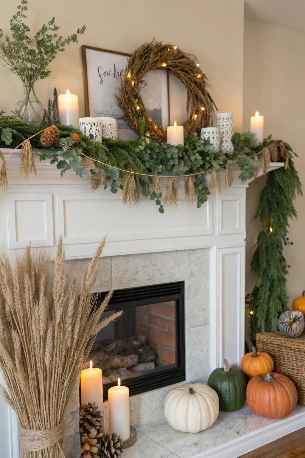 Seasonal fireplace mantel with green garland, small gourds, and softly glowing candles in glass holders.