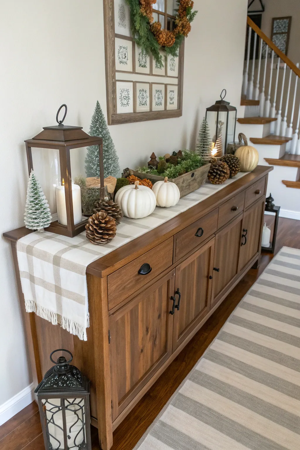 Compact console table decorated with pinecones, mini lanterns, and small pumpkins in a cozy neutral dining room.