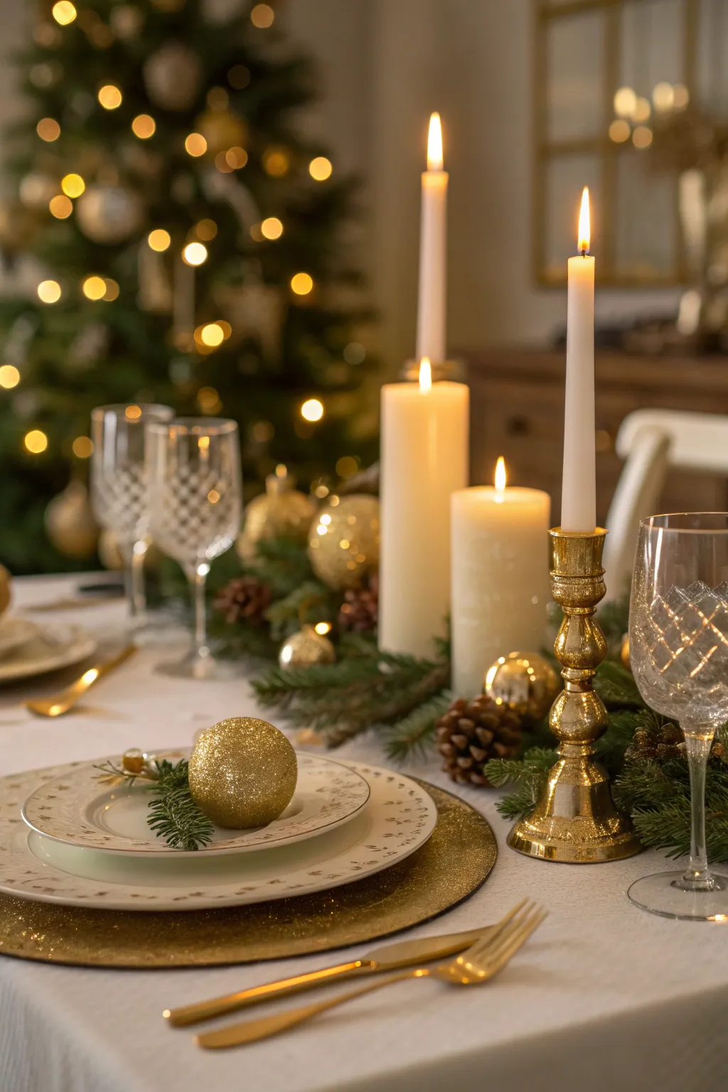 Elegant holiday dinner table with candlelight reflecting off gold accents in a warm, cozy room.