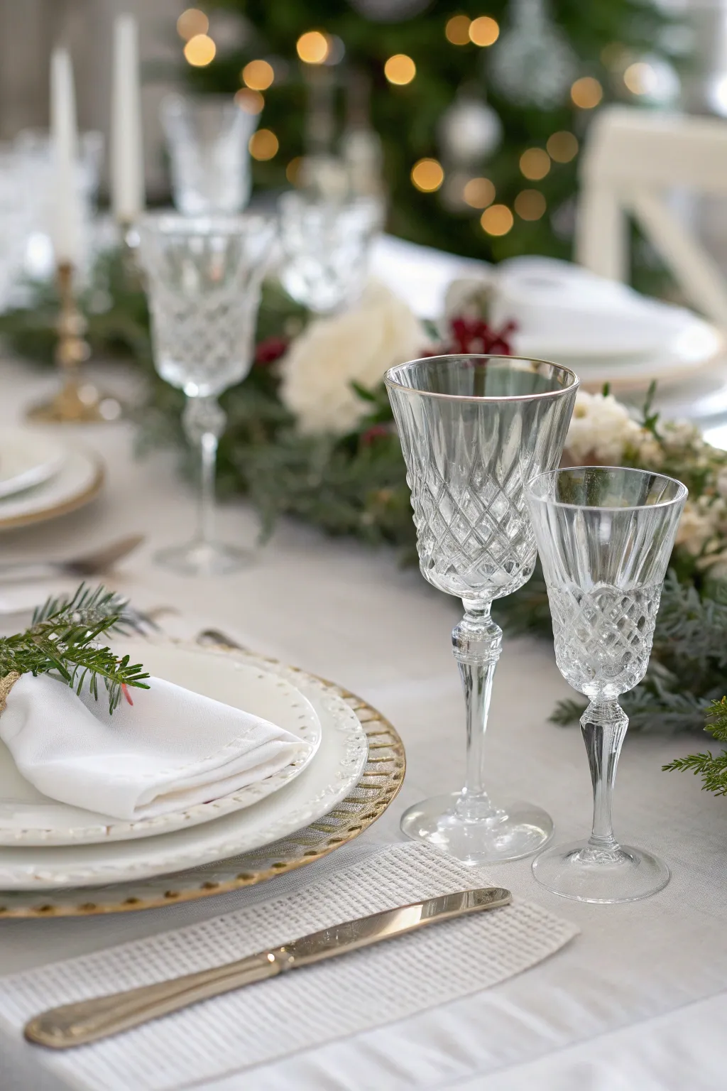 Bright white table setting with linen cloth and crystal glassware sparkling under soft daylight.