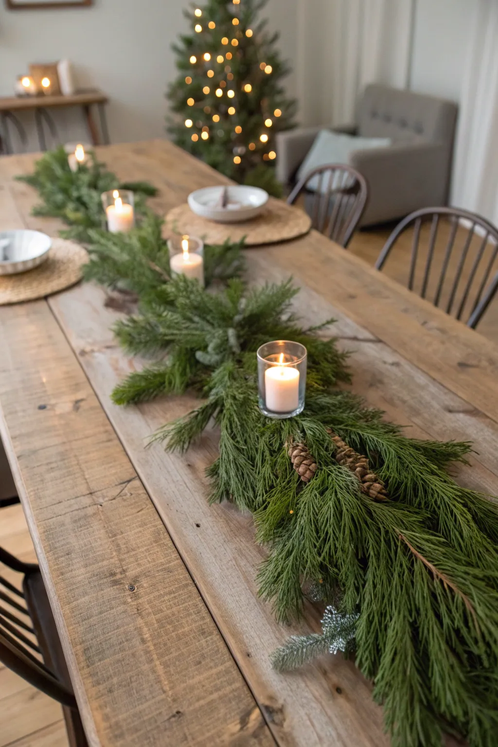 Rustic wooden holiday table with a lush greenery garland centerpiece and soft candlelight.