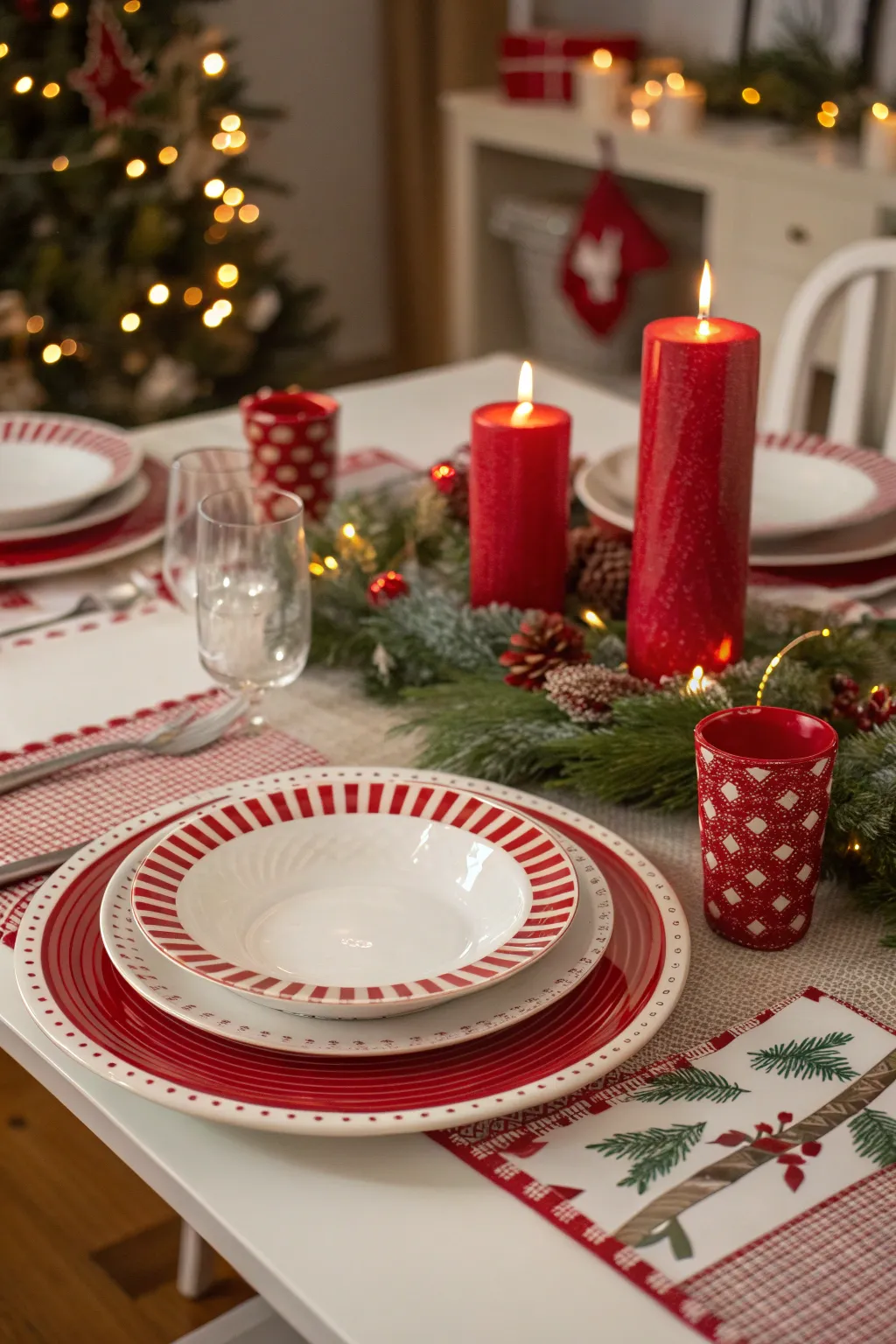 Christmas dinner table set with alternating red and white plates and a festive red candle centerpiece.