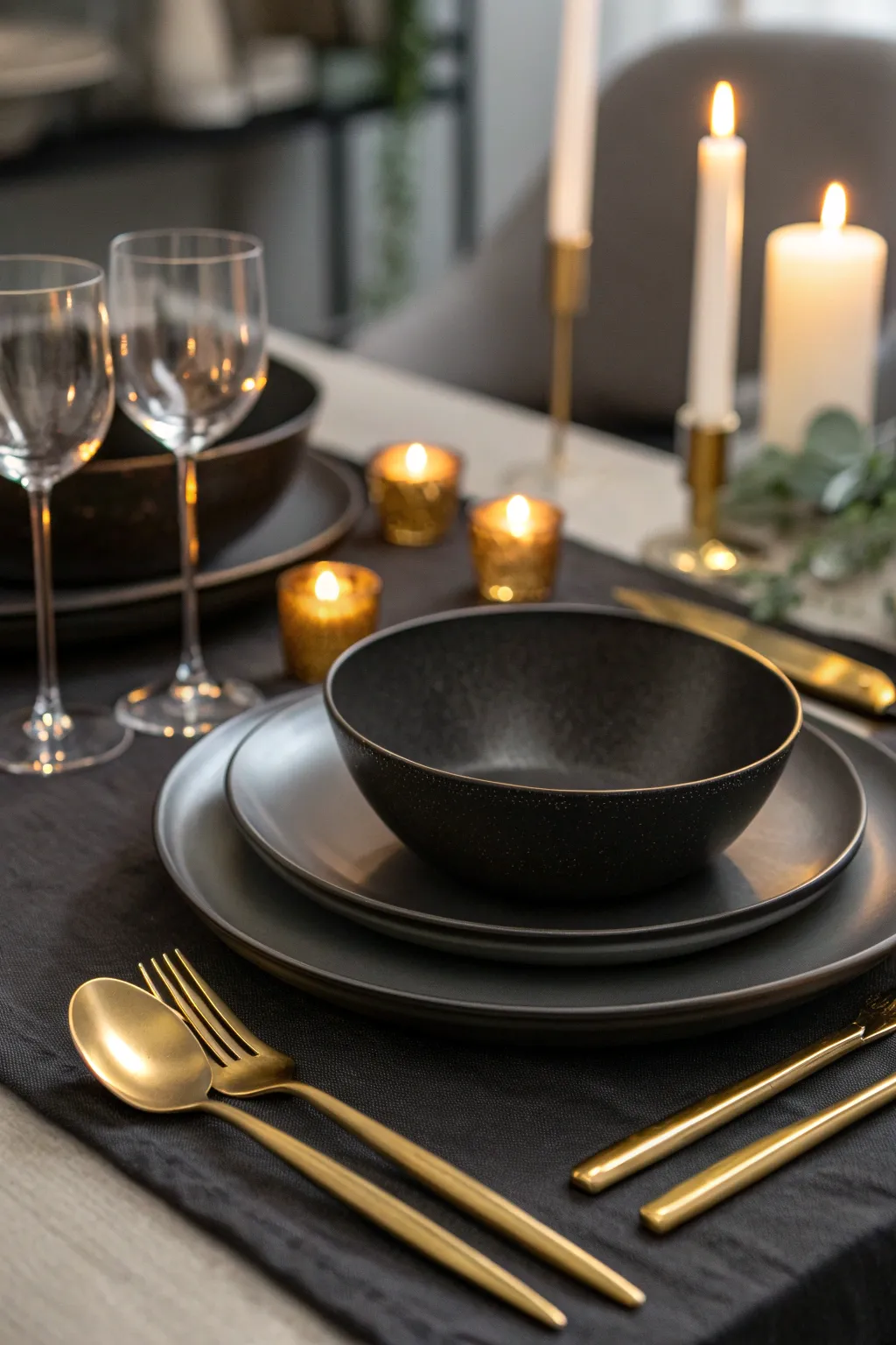 Modern holiday table with matte black plates and bright brass utensils under soft candlelight.