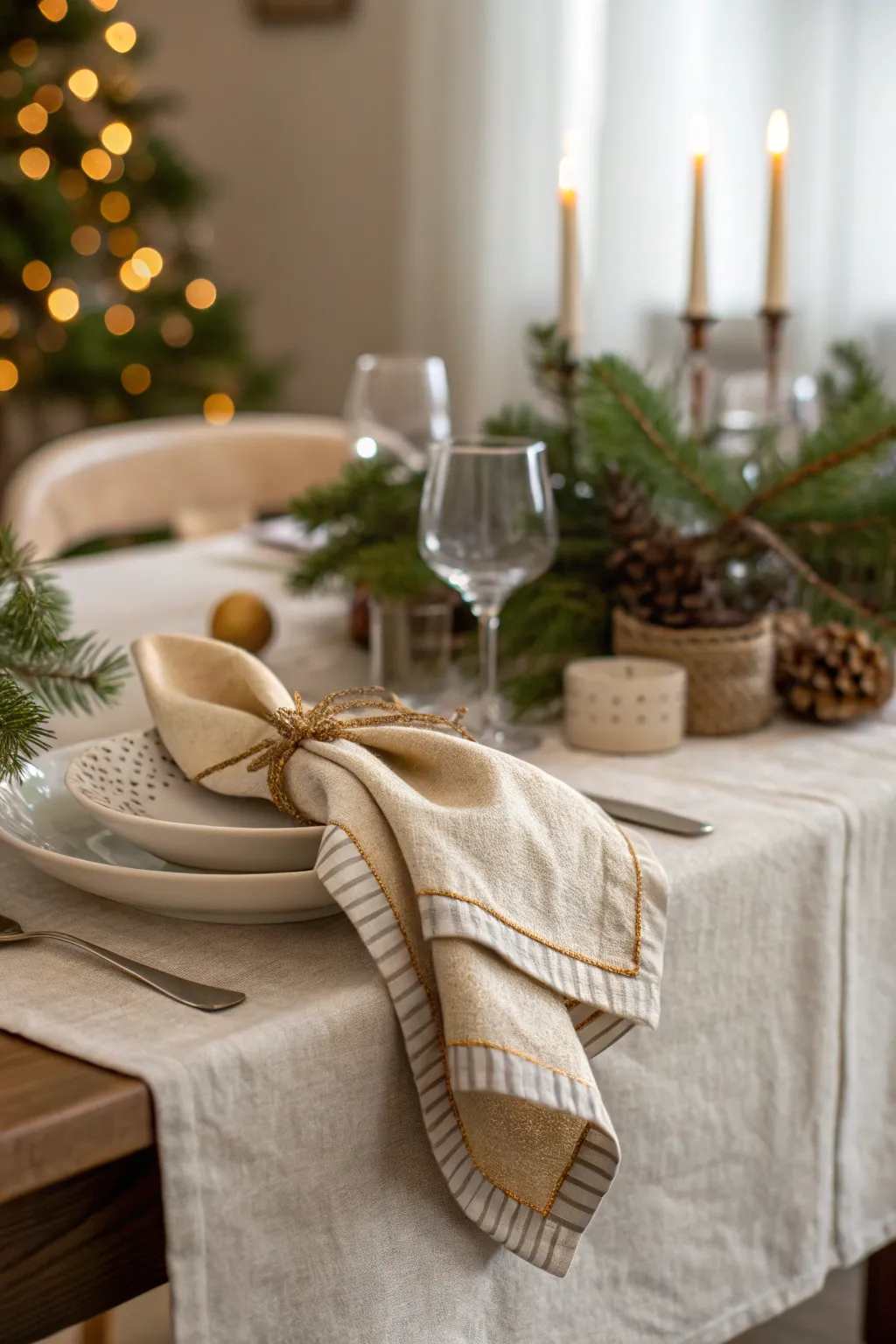 Neutral Christmas table setting layered with textured linens in soft shades of cream and beige.