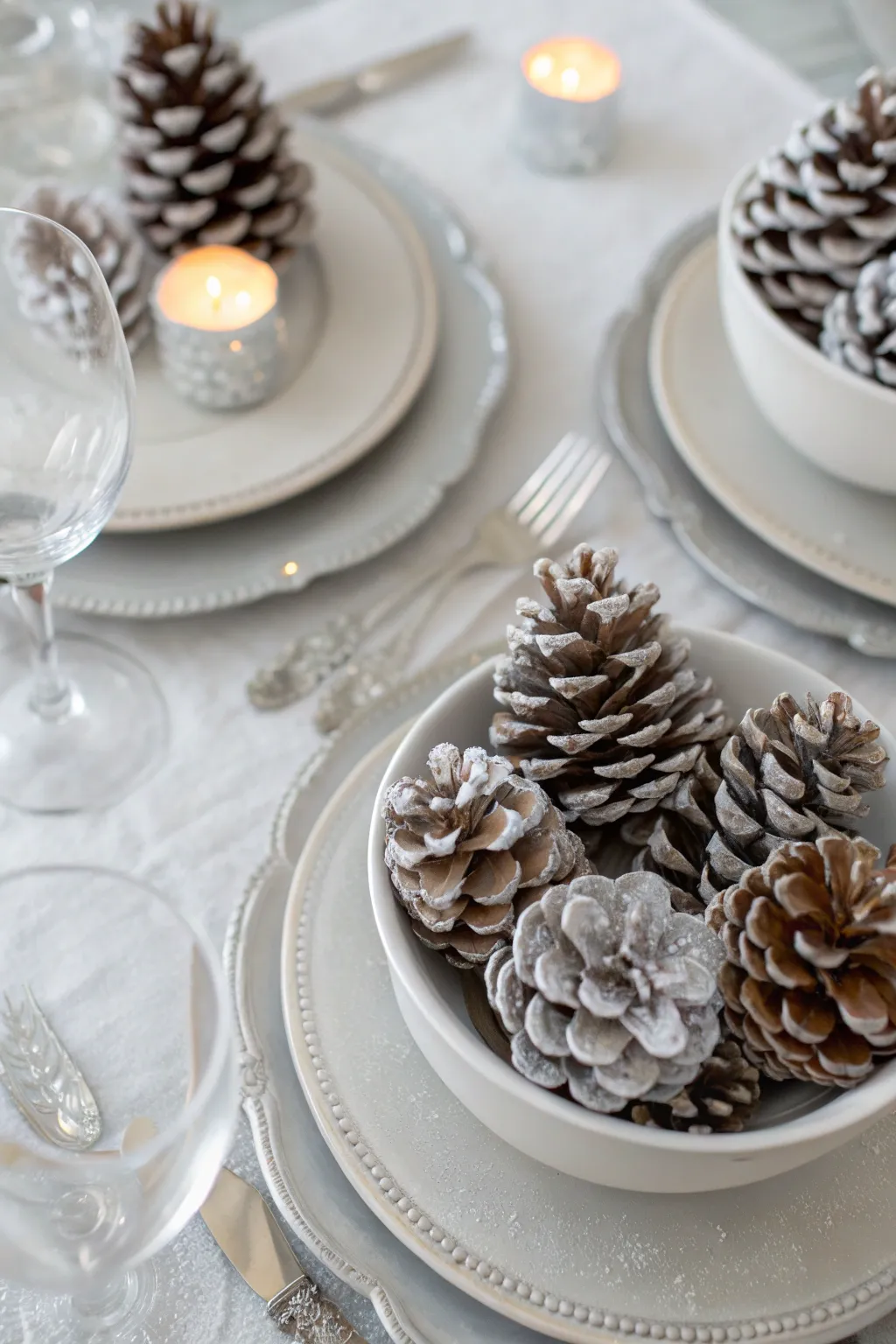 Elegant winter table with frosted pinecones and shining silver chargers under soft light.