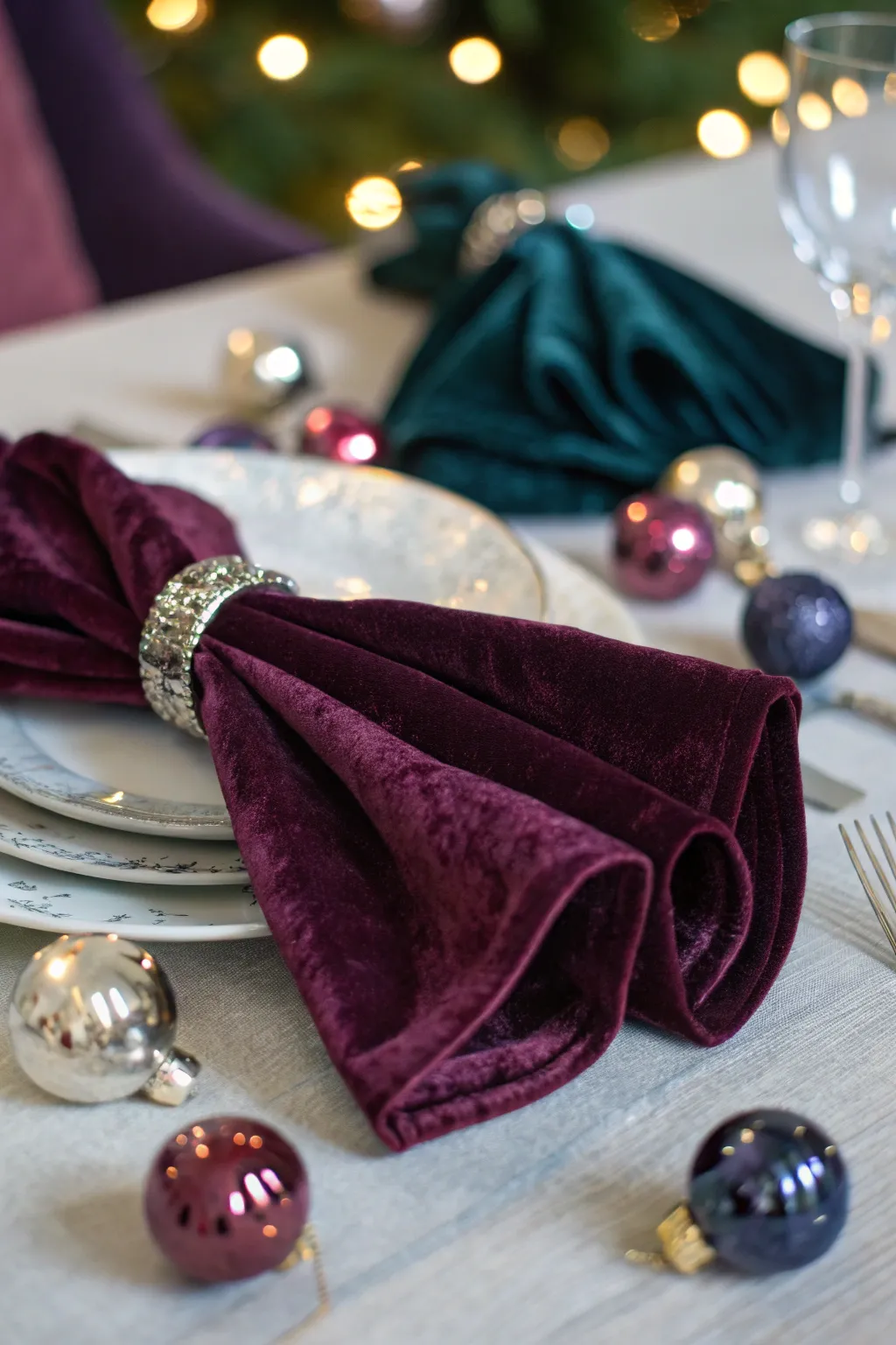 Holiday table featuring jewel-toned velvet napkins with coordinating ornaments and soft candlelight.