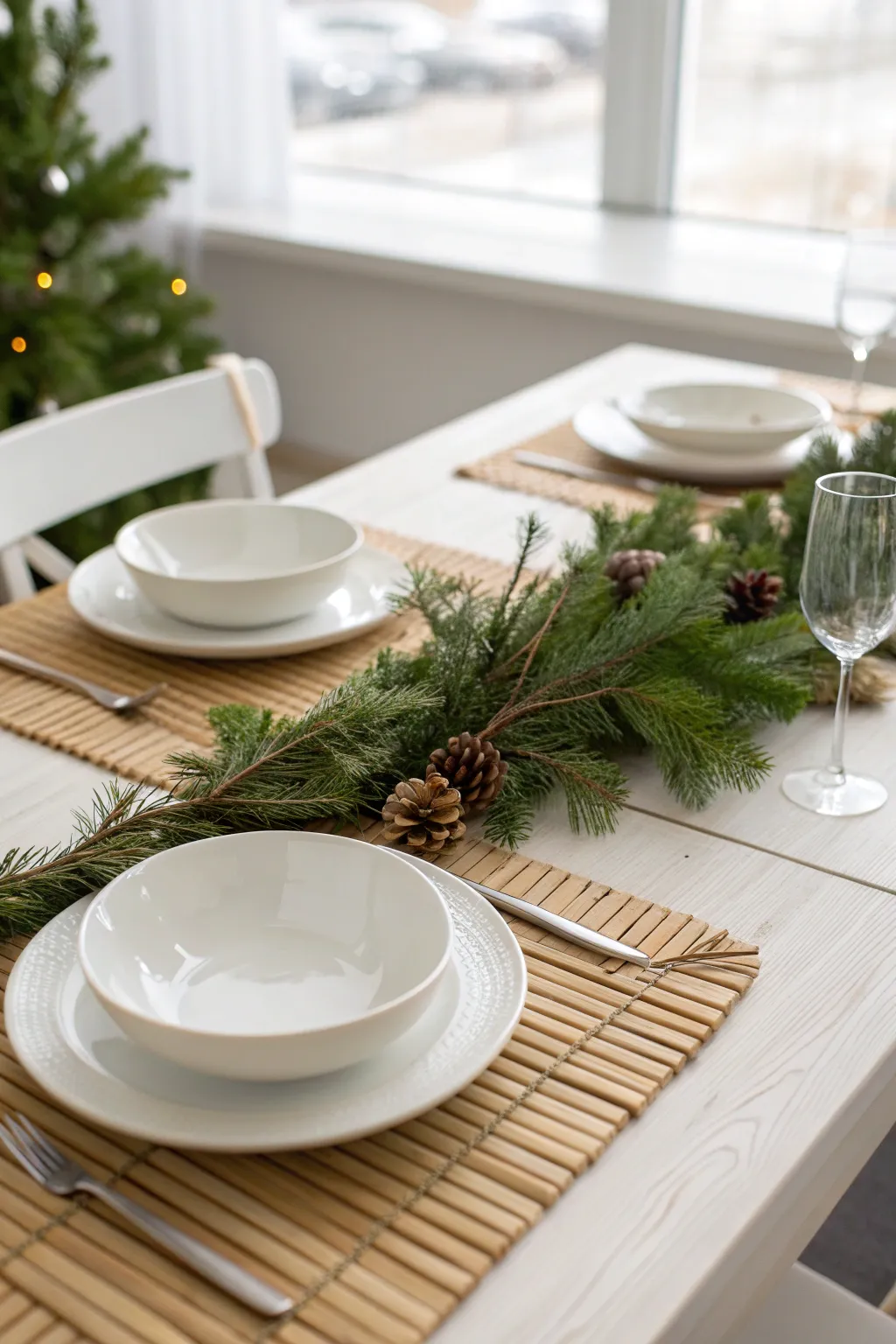 Simple dining table with bamboo runner, clean white plates, and small green pine accents.