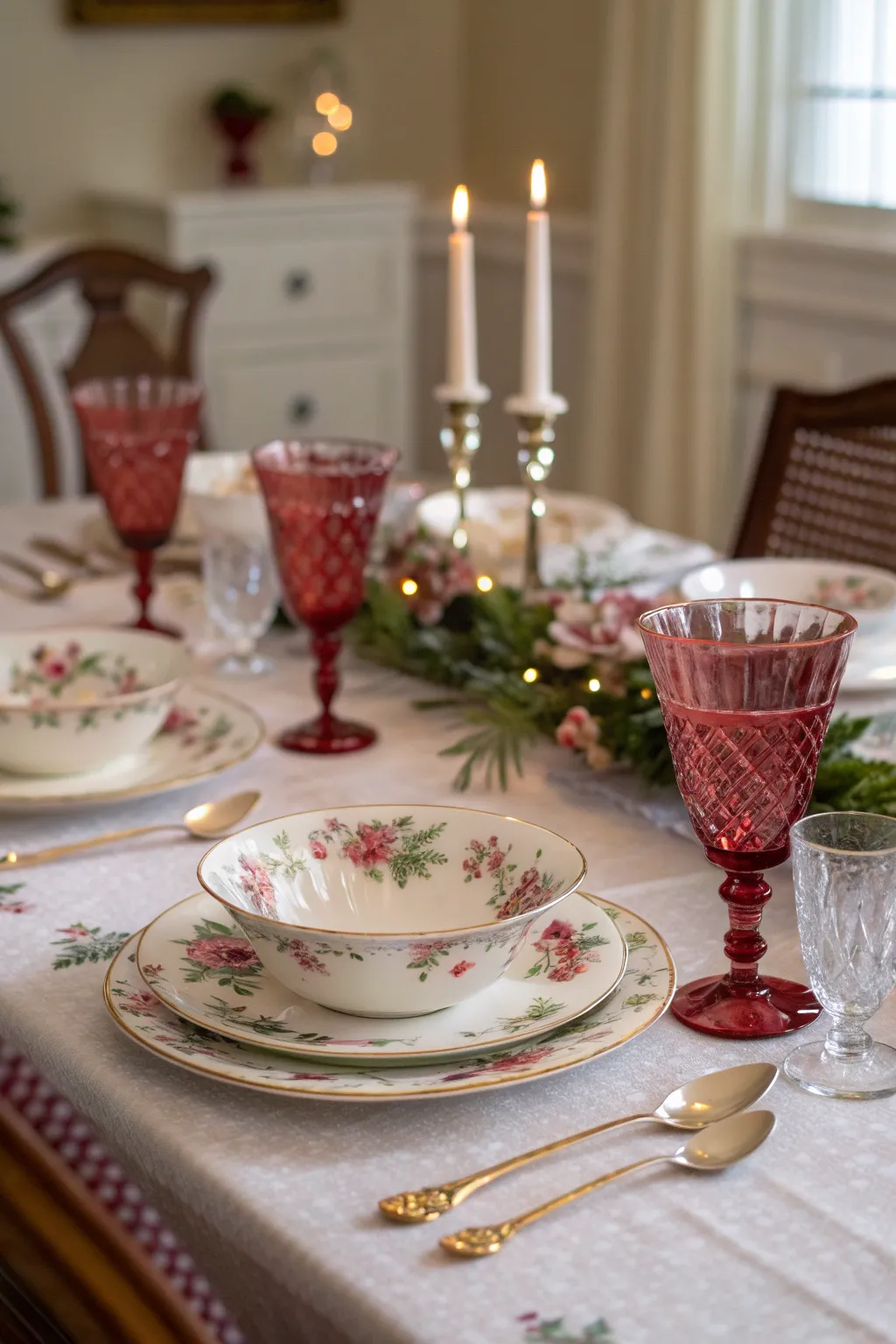 Vintage floral china and cranberry glassware arranged for a charming timeless holiday table.