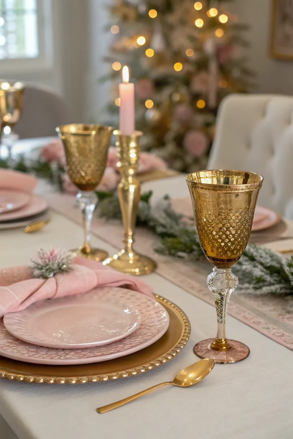 Soft pink and champagne-toned holiday table with metallic accents and refined lighting.