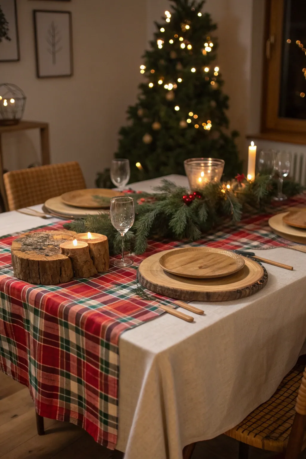 Rustic Christmas table setting with plaid tablecloth, wooden chargers, and cozy holiday lighting.