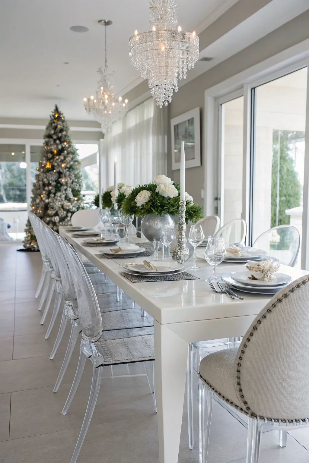 Modern white Christmas table with clear acrylic chairs and soft silver accents.