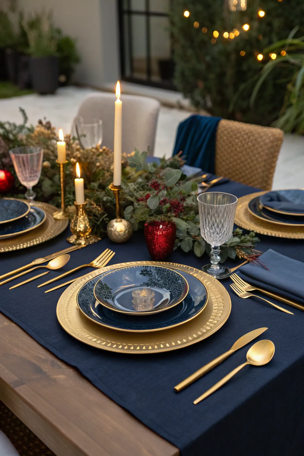 Modern navy and gold holiday table with elegant reflective accents and warm evening candlelight.