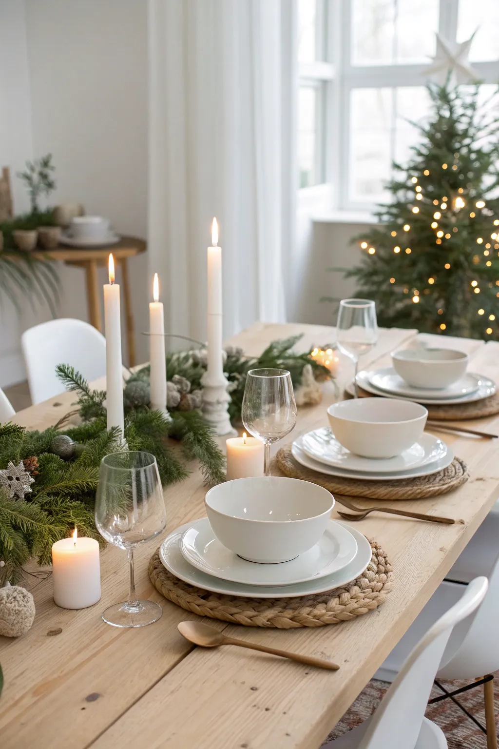 Simple Scandinavian Christmas table with white plates, light wood tones, and fresh greenery accents.
