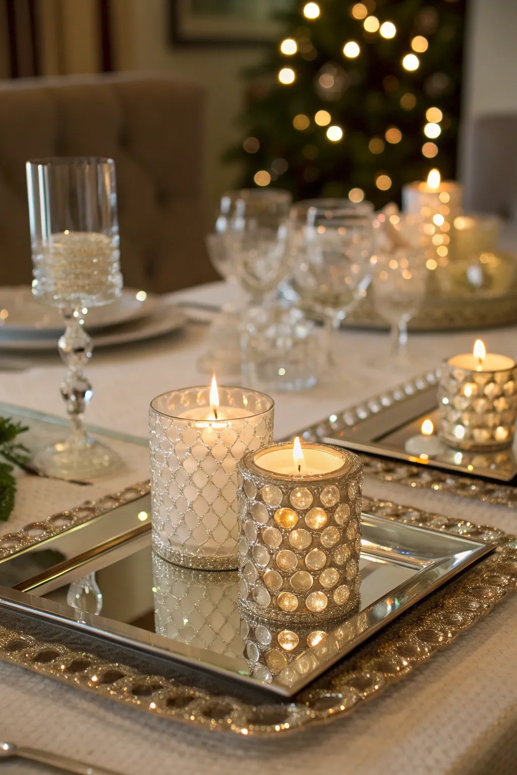 Luxurious Christmas dining table with mirrored trays and crystal accents glowing under candlelight.