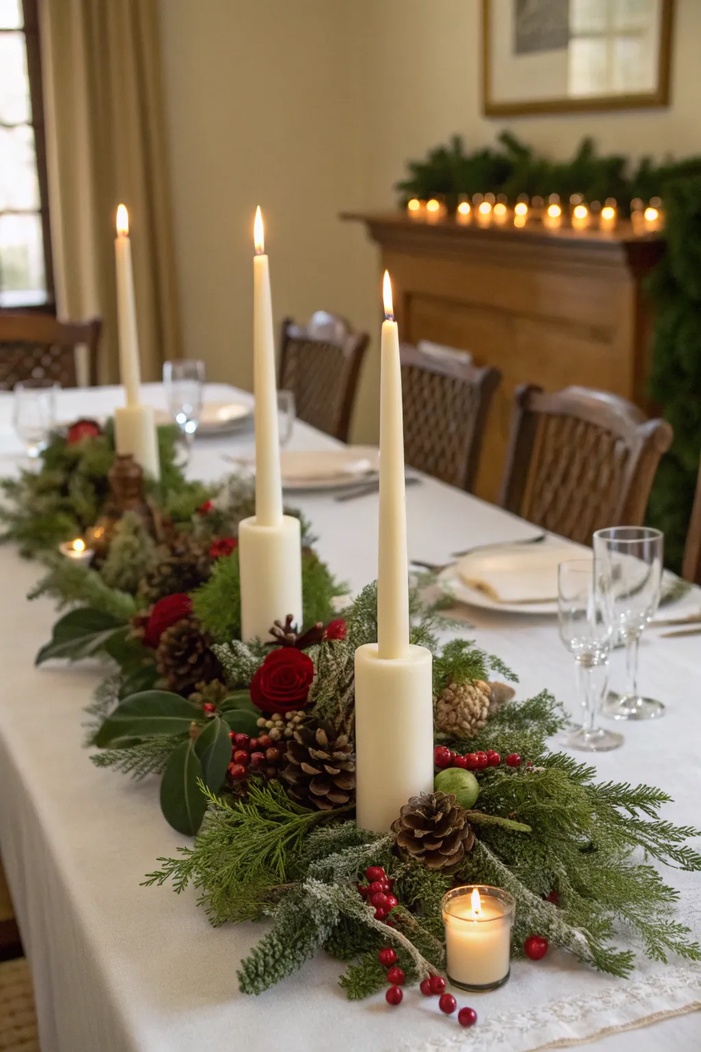 Elegant long Christmas table centerpiece with taper candles among green branches in soft light.