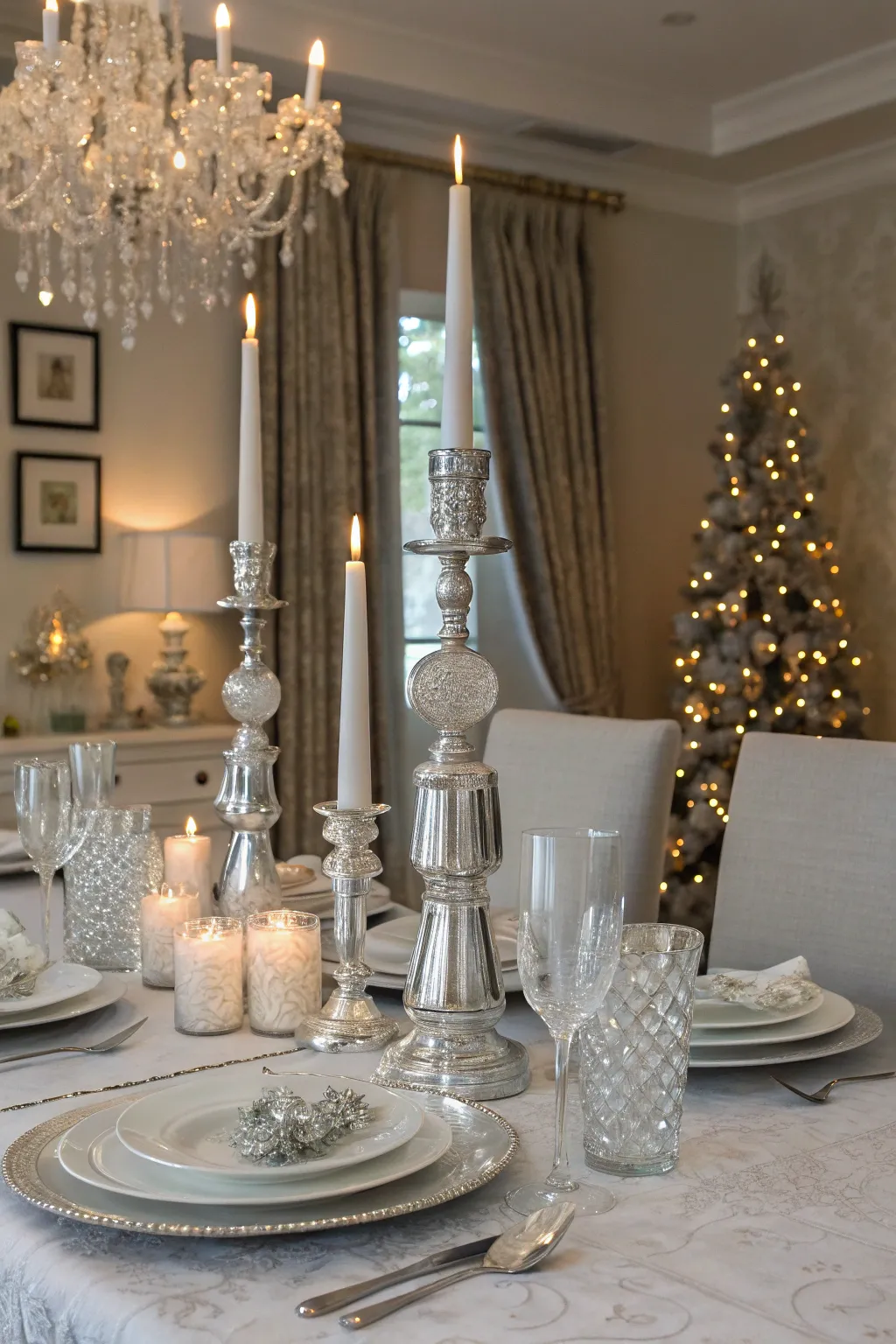 Elegant silver and white holiday table with glass accents and flickering candles creating a timeless look.