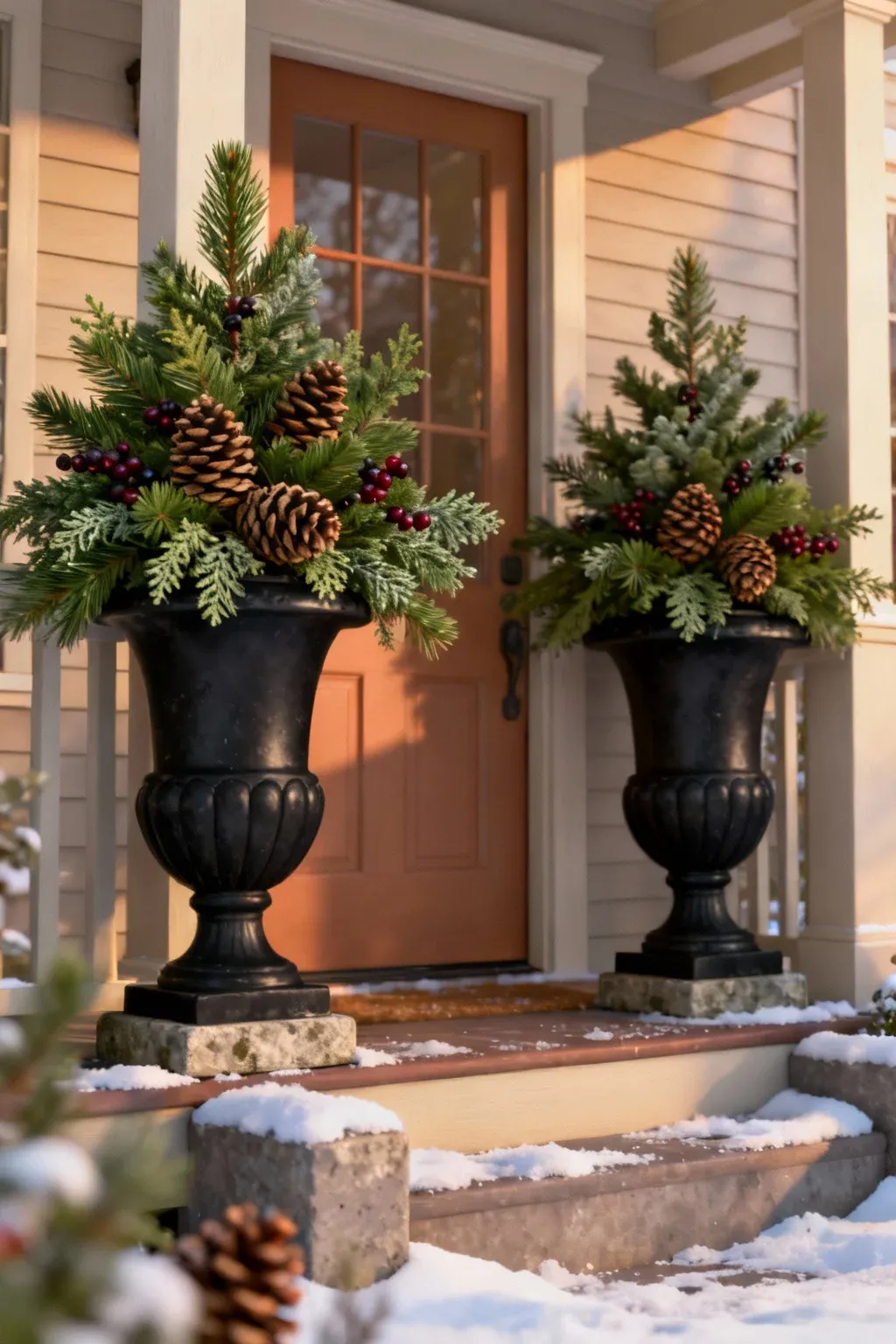 Pair of classic black urns filled with evergreen boughs and pinecones on a snowy front porch