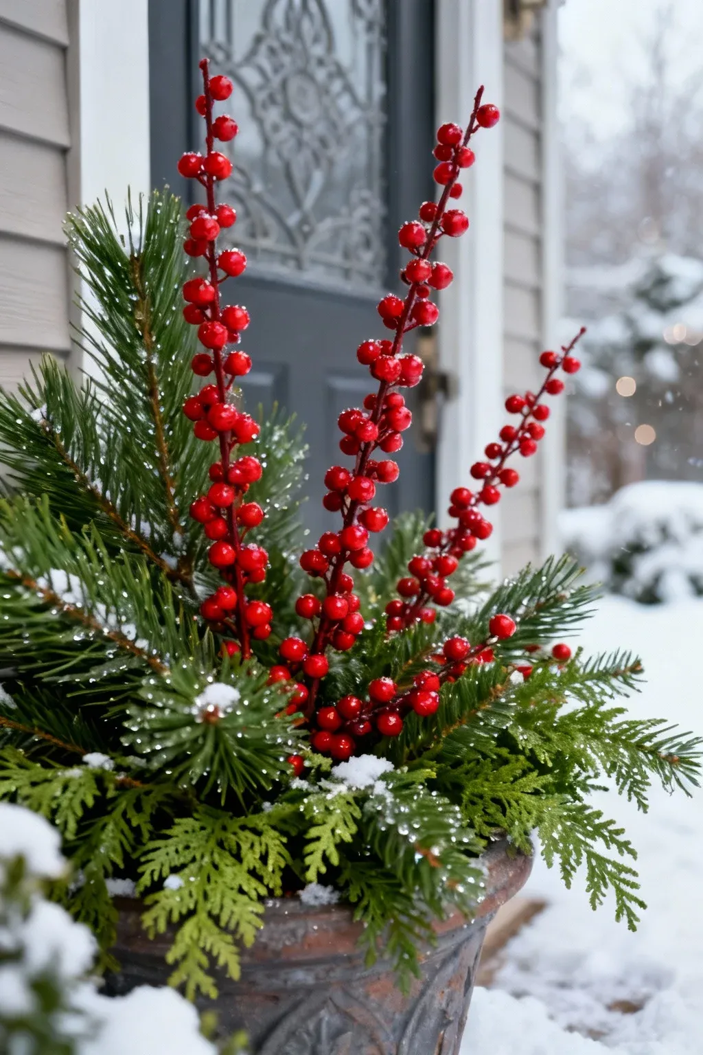 Close-up of red berries and pine greenery in a winter planter on a front porch