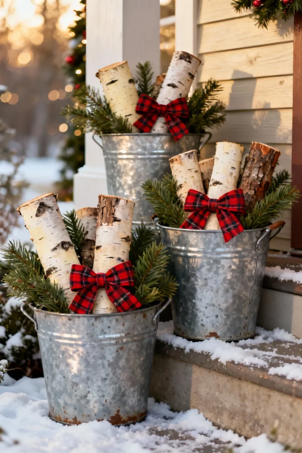 Galvanized buckets filled with birch logs, pine greenery, and plaid bows on a snowy porch