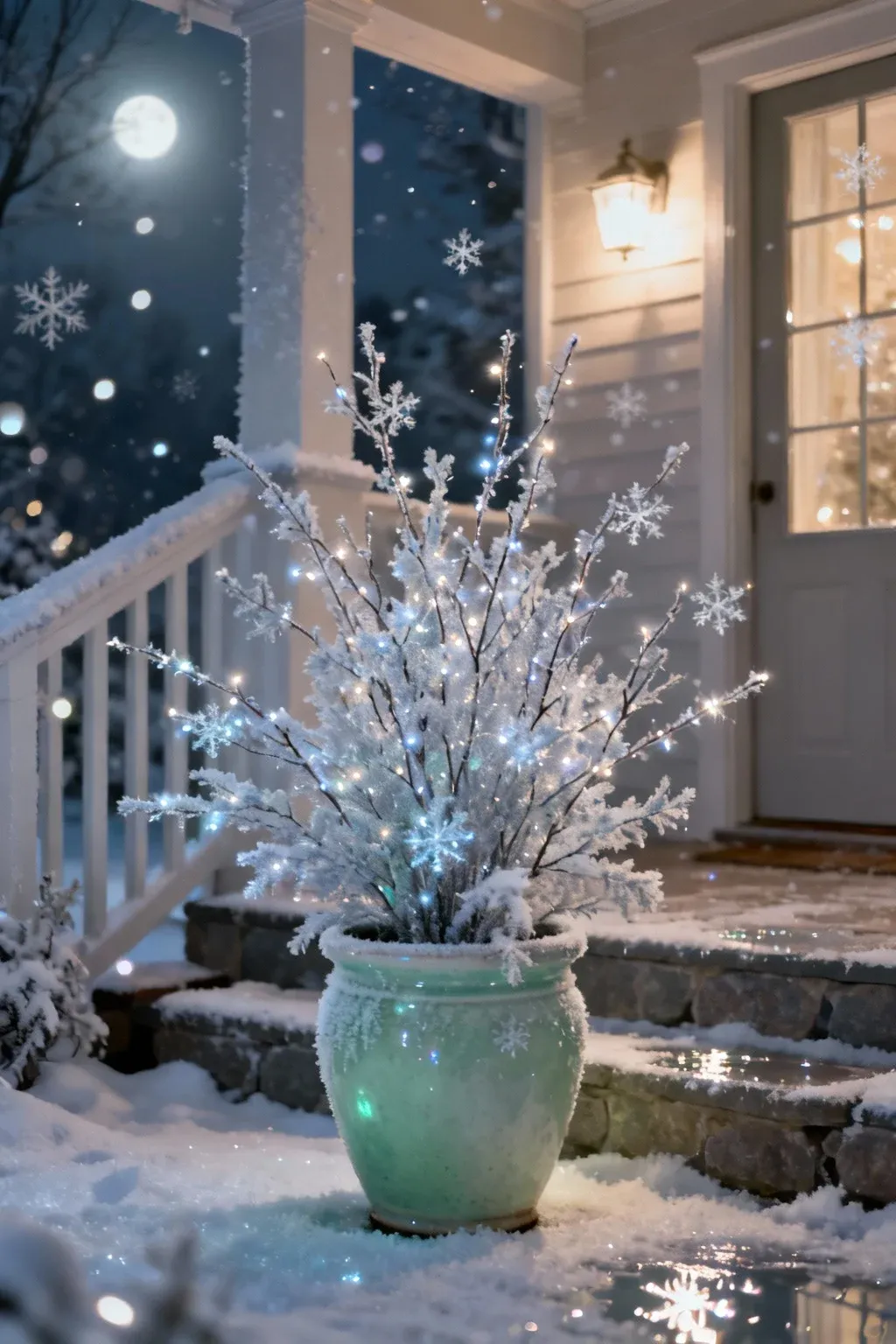 White winter planter filled with frosted greenery and glittered twigs under soft porch light