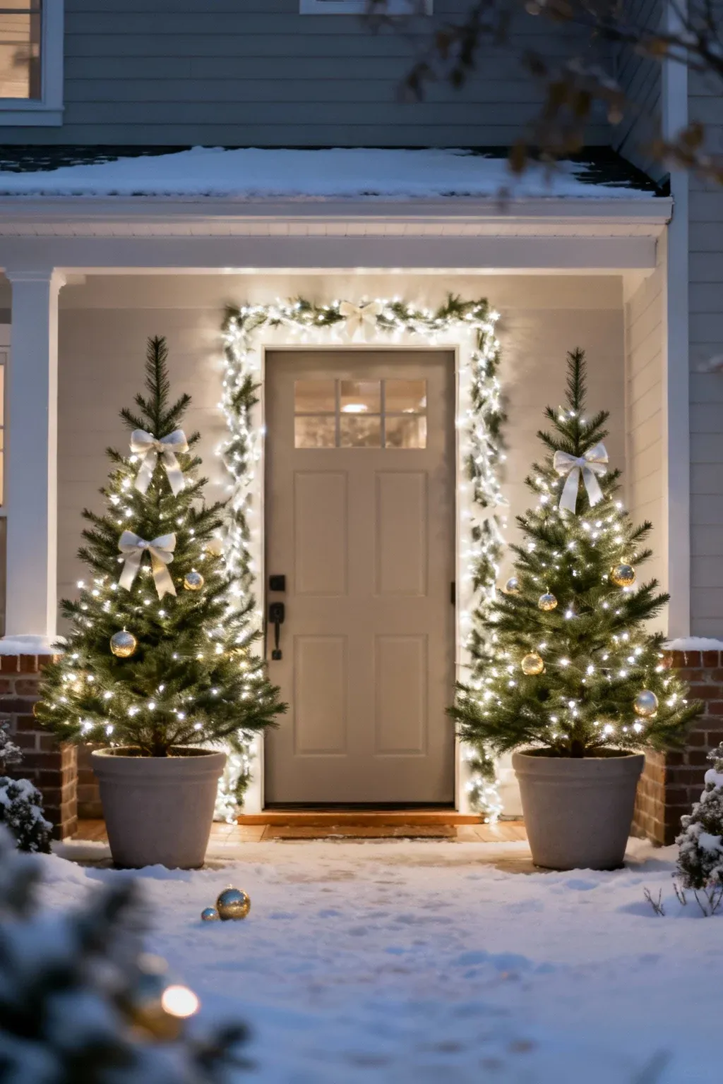 Two small Christmas trees in matching planters flanking a warmly lit front door