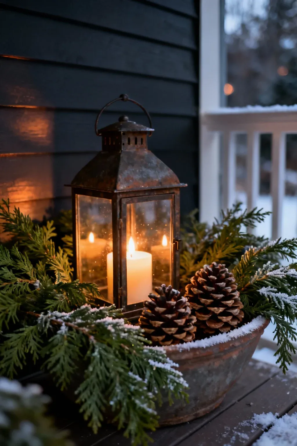 Lantern glowing among cedar branches and pinecones in a shallow holiday planter