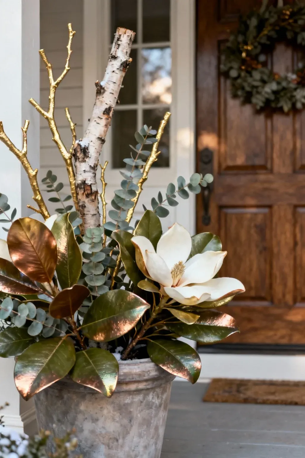 Magnolia leaves mixed with gold twigs and eucalyptus in an elegant porch planter