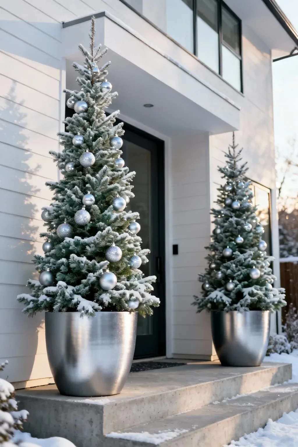 Tall outdoor planters filled with snow-flocked greens and silver ornaments by porch steps