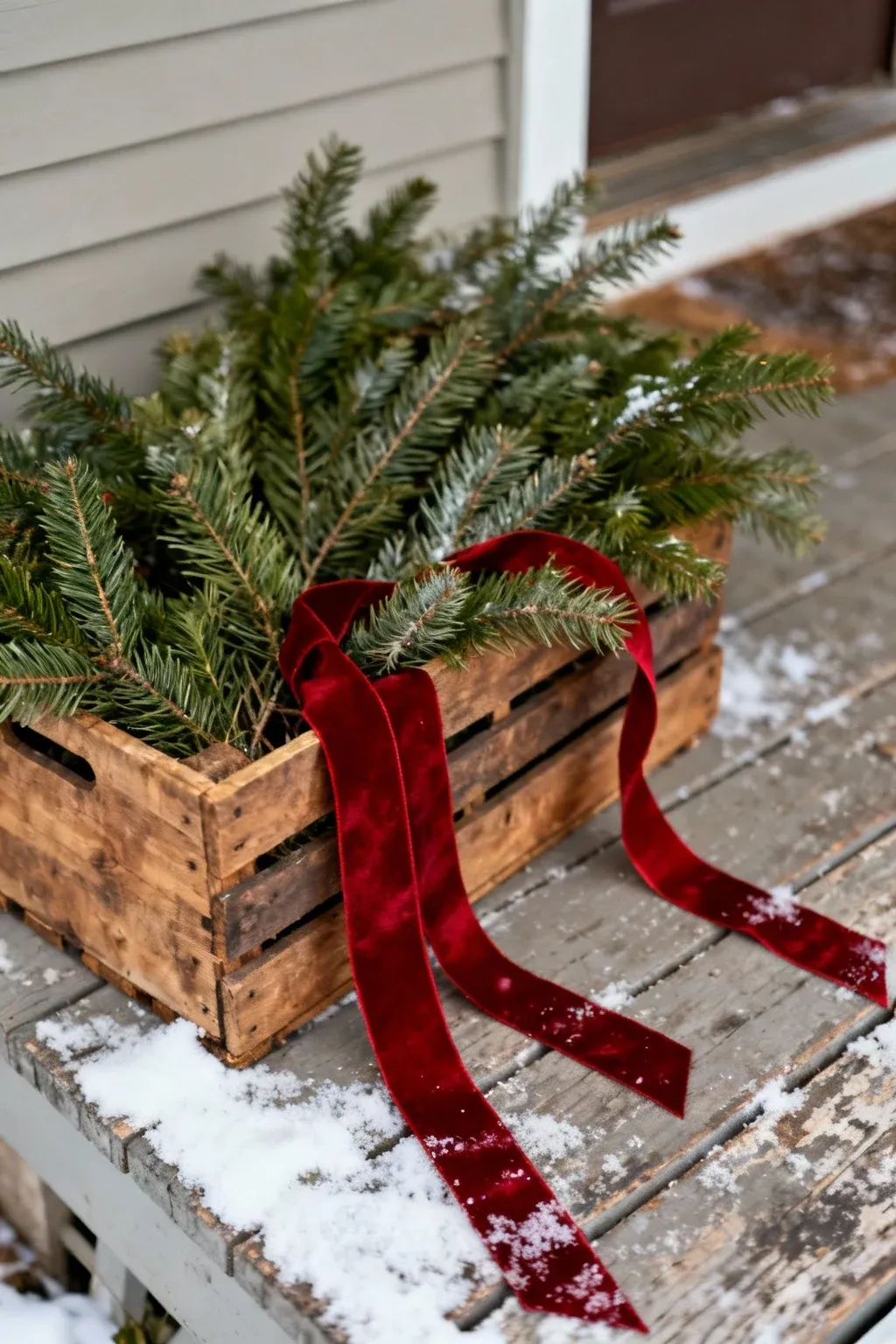 Wooden crates used as planters, filled with fir branches and festive ribbons