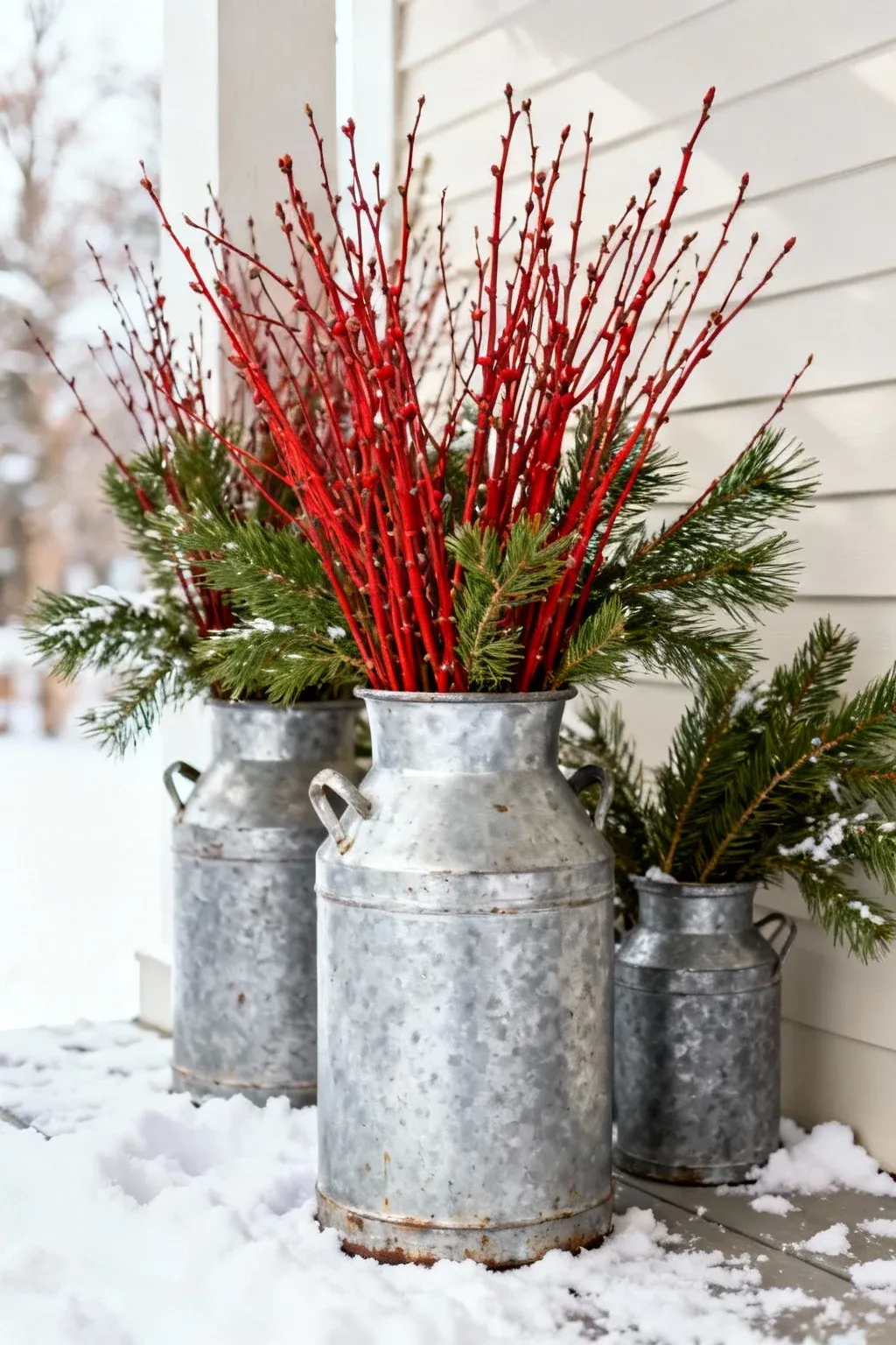 Vintage milk cans filled with red dogwood stems and cedar branches in snow
