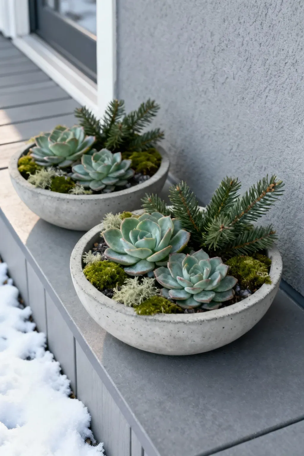 Low cement bowl planter featuring succulents, moss, and small evergreen clippings
