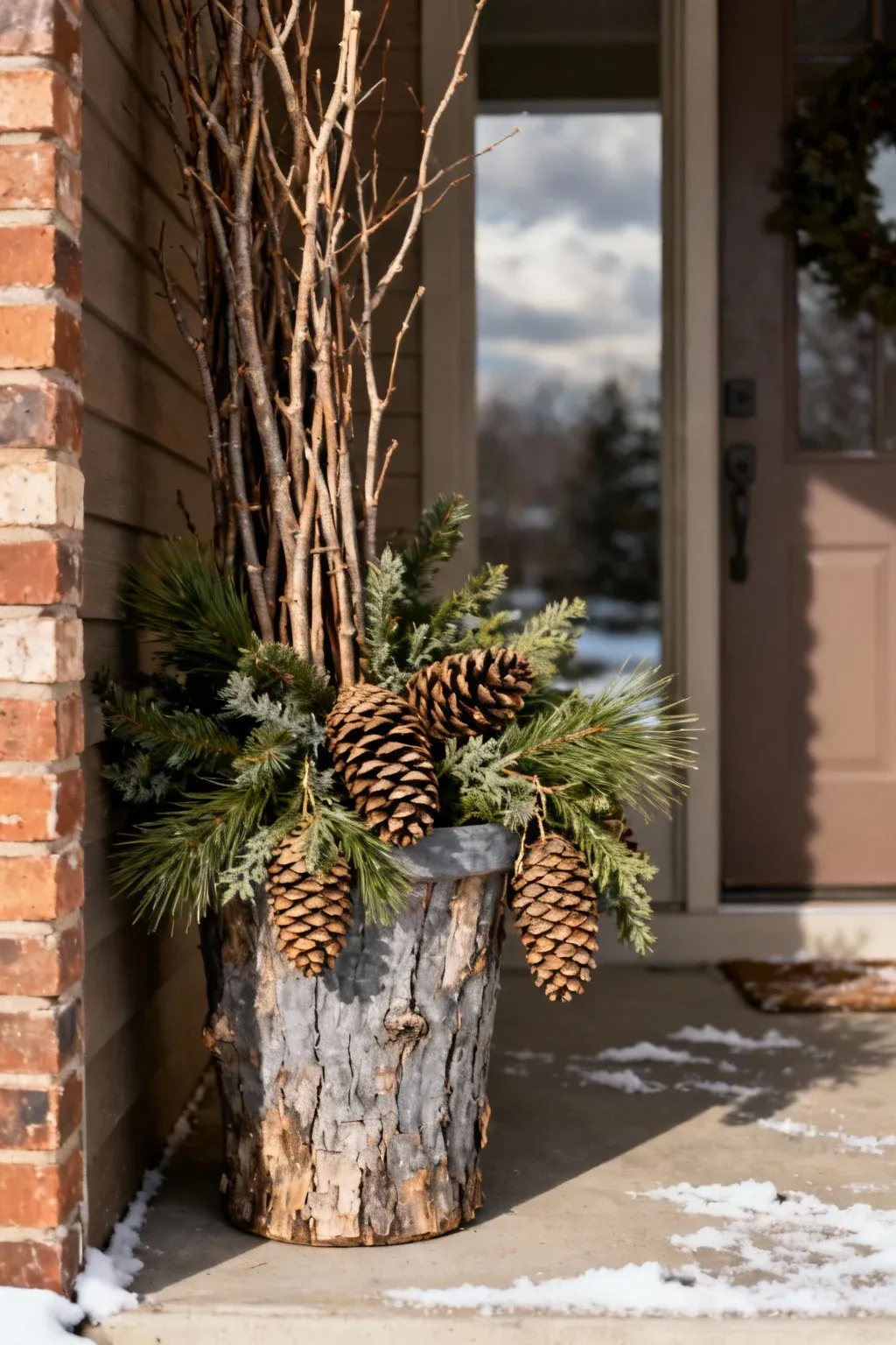 Asymmetrical winter porch planter with twigs, hanging greenery, and large pinecones