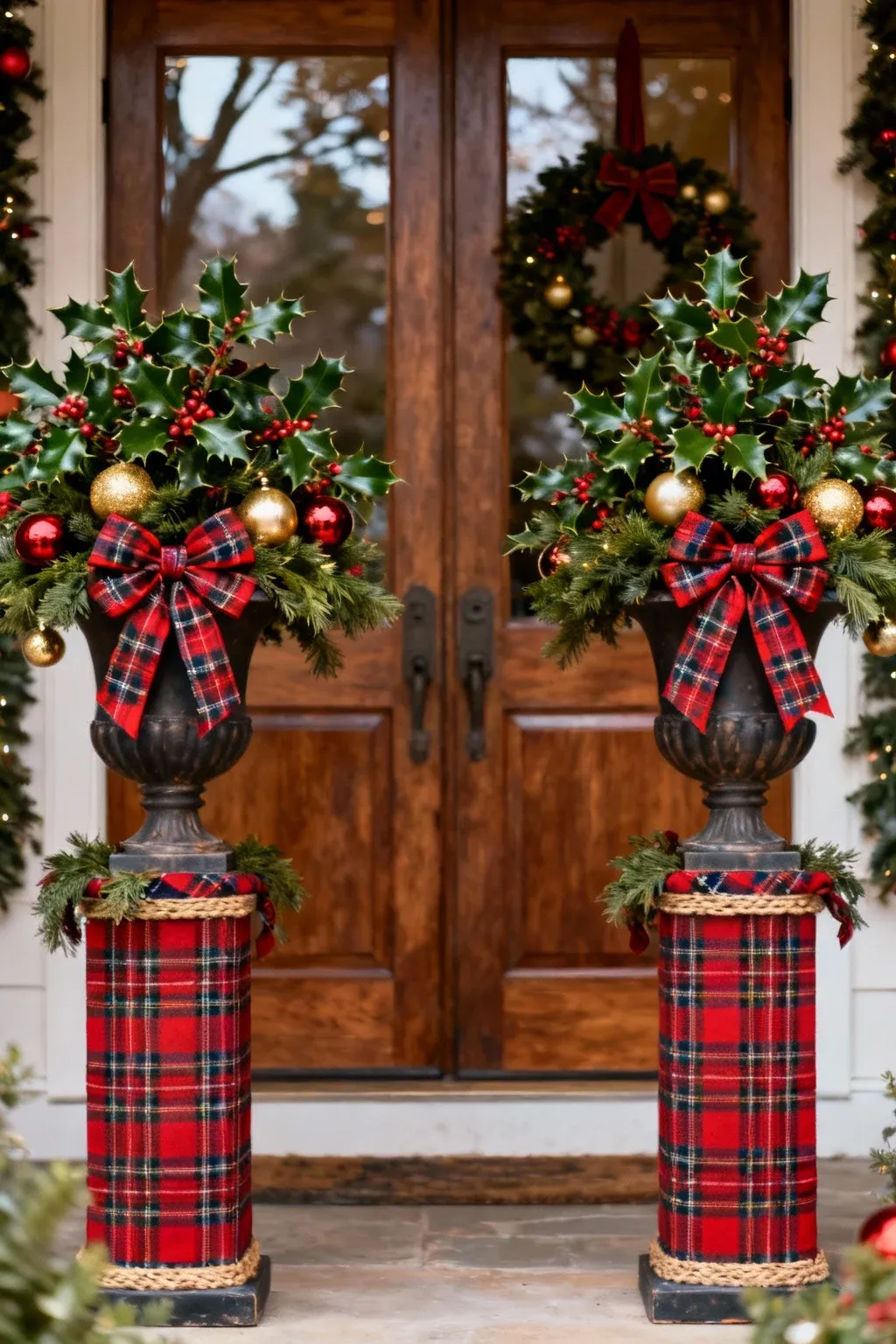Christmas urns wrapped in tartan ribbon filled with holly, evergreens, and ornaments