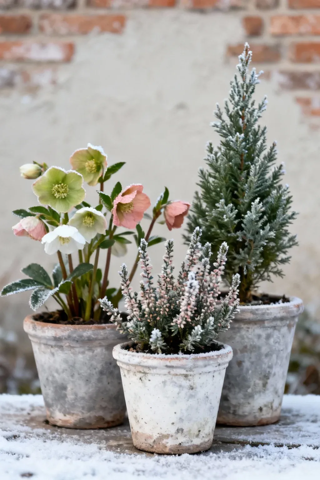 Whitewashed clay pots with frost-tolerant winter plants arranged outdoors