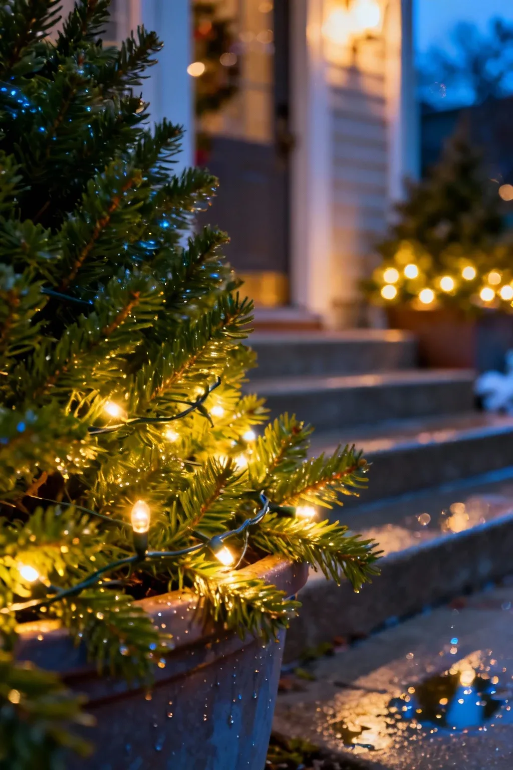 Outdoor holiday planter with greenery and woven mini LED lights glowing at dusk