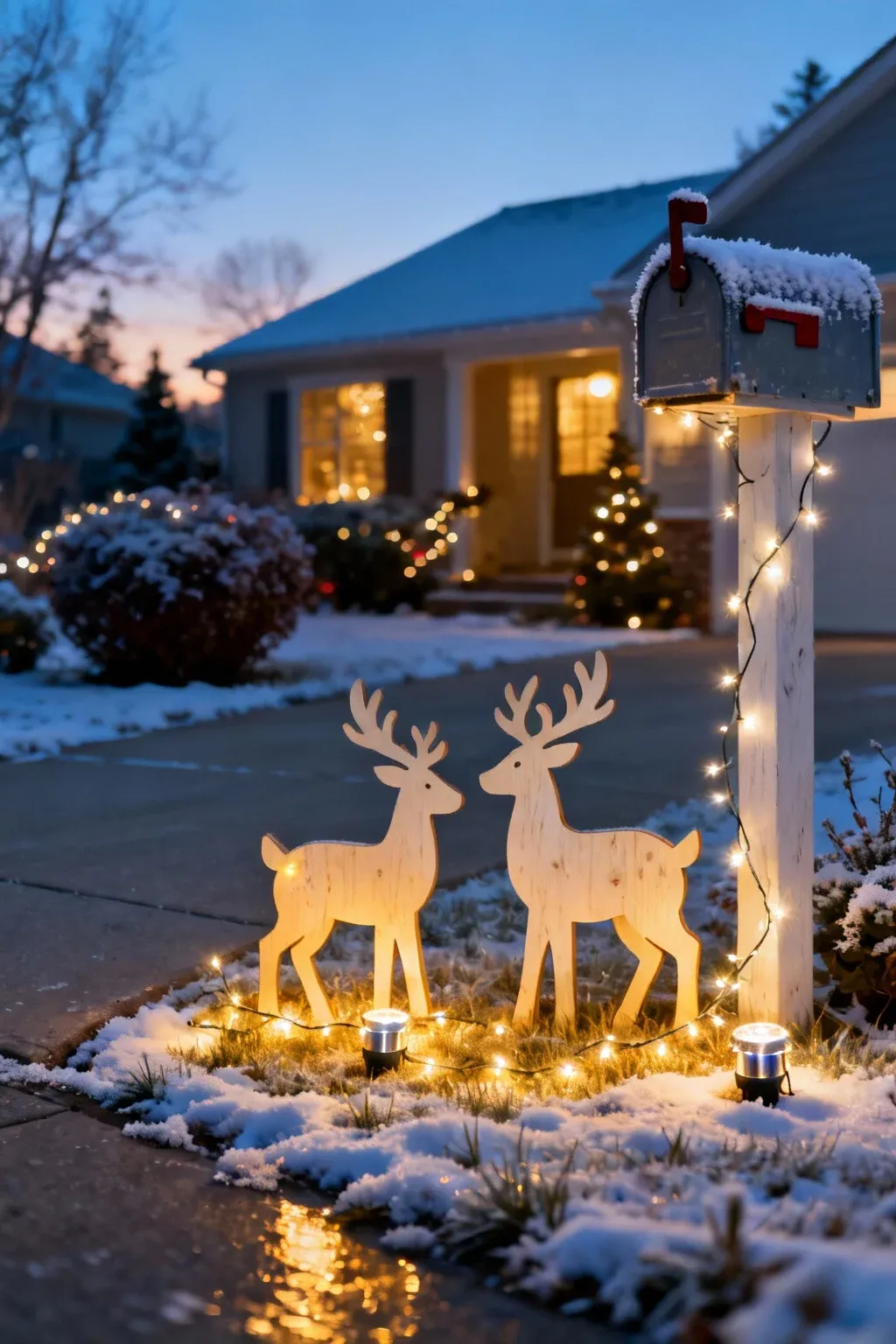 Wooden reindeer yard decorations outlined with twinkle lights glowing in the snowy twilight.