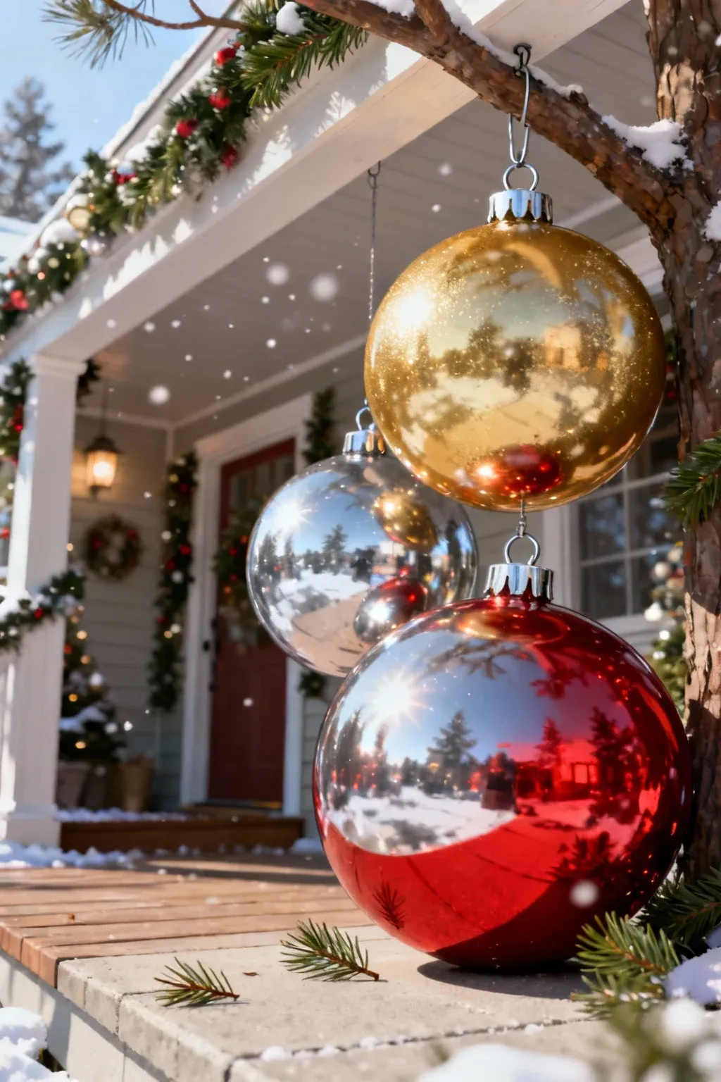 Large metallic-painted Christmas ornaments clustered together on a decorated porch.