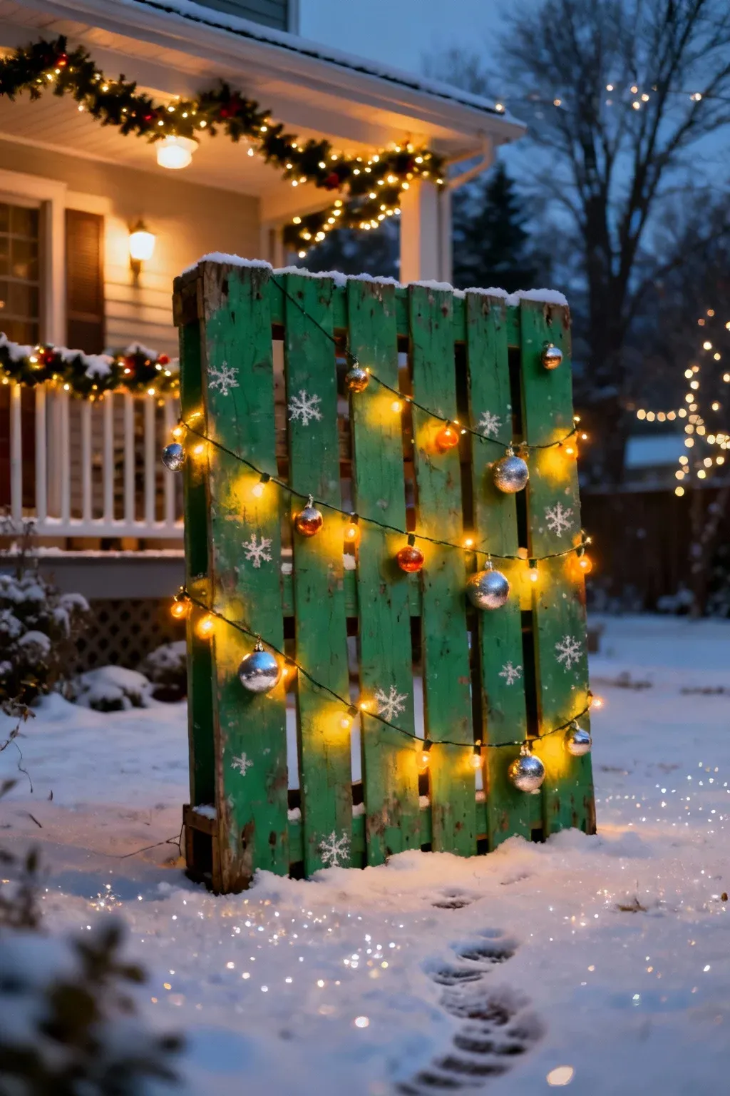 Wooden pallet painted green and wrapped with string lights creating a DIY outdoor Christmas tree.