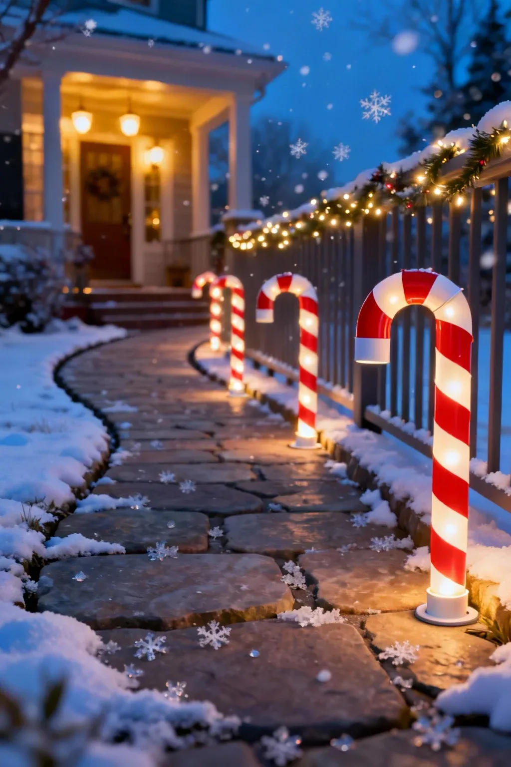 DIY candy cane pathway markers made from PVC pipes glowing along a snowy front walkway.