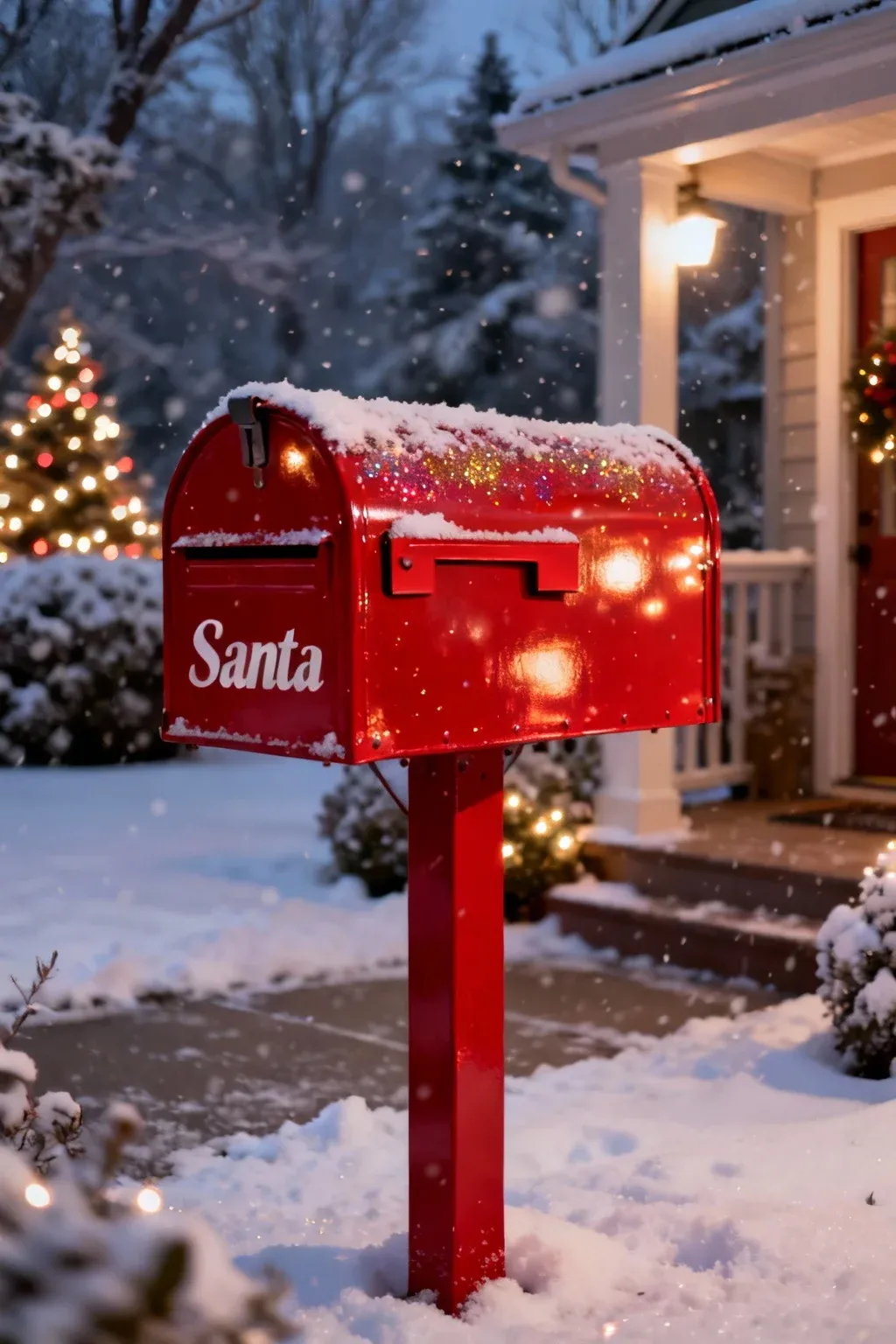 Bright red metal Santa mailbox with glitter and snow near a decorated porch.