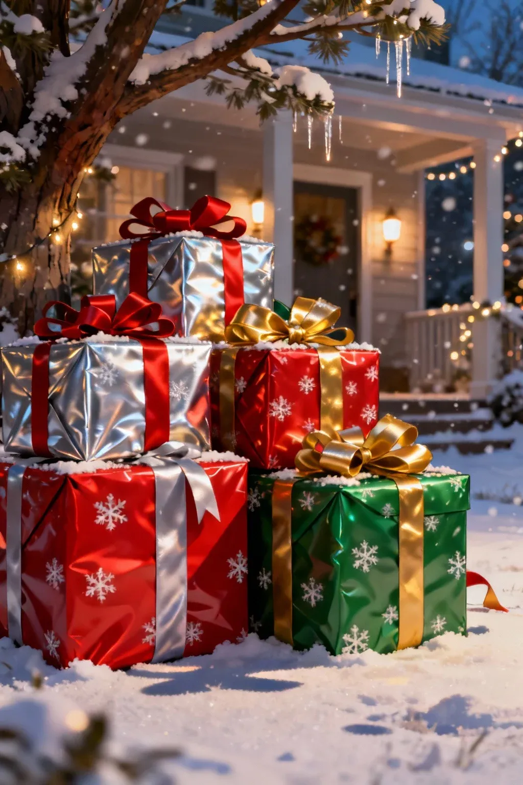 Large Christmas gift boxes wrapped with colorful ribbons placed under a snowy tree near a porch.