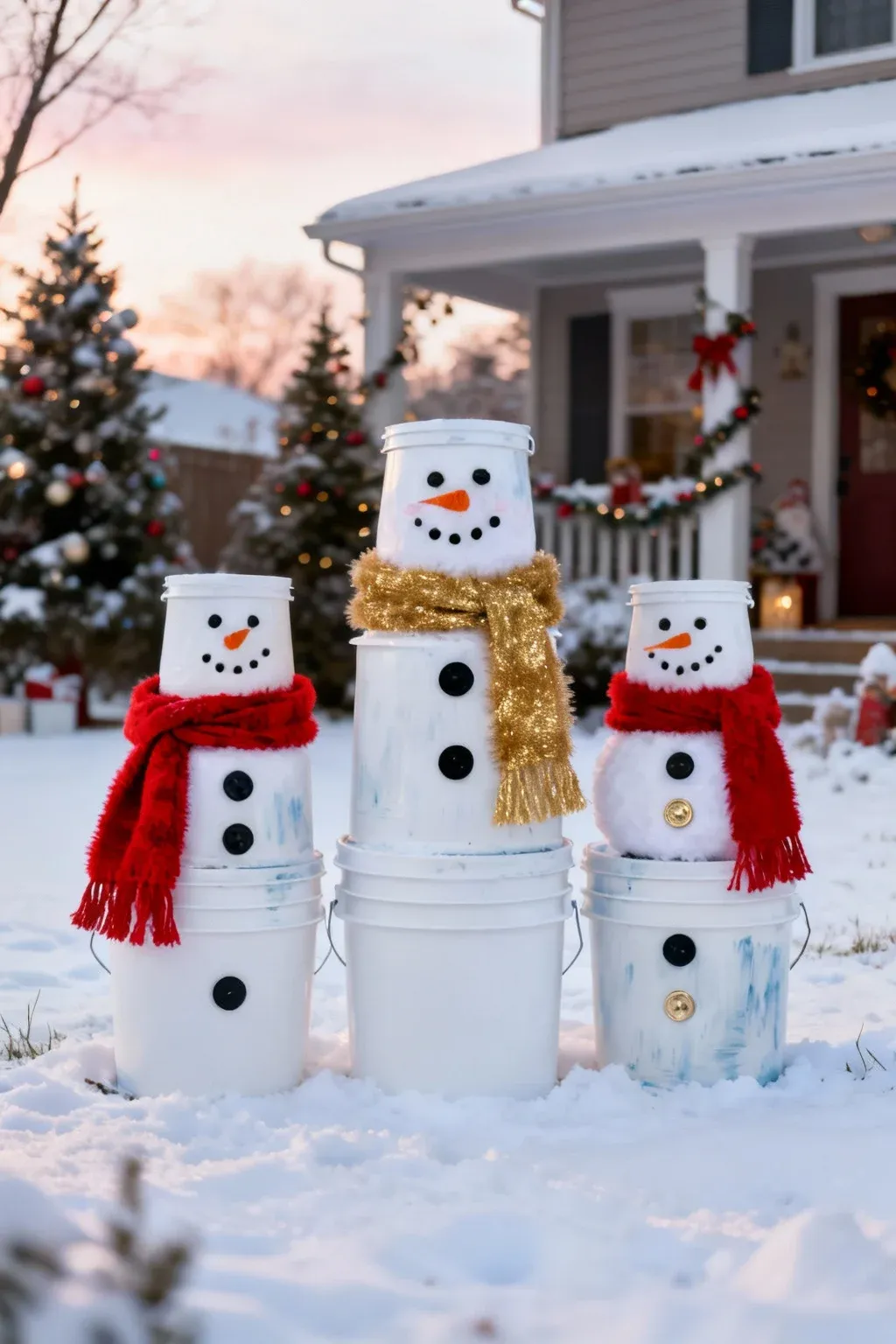 Snowman family made from stacked painted buckets with scarves displayed on a snowy lawn.