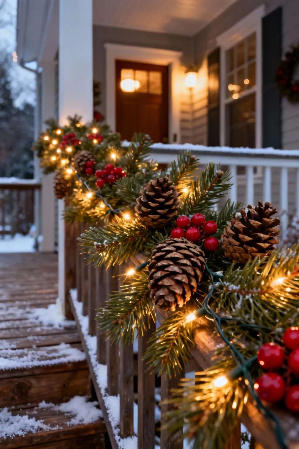 Evergreen garland with pinecones, berries, and lights wrapped around a porch railing.