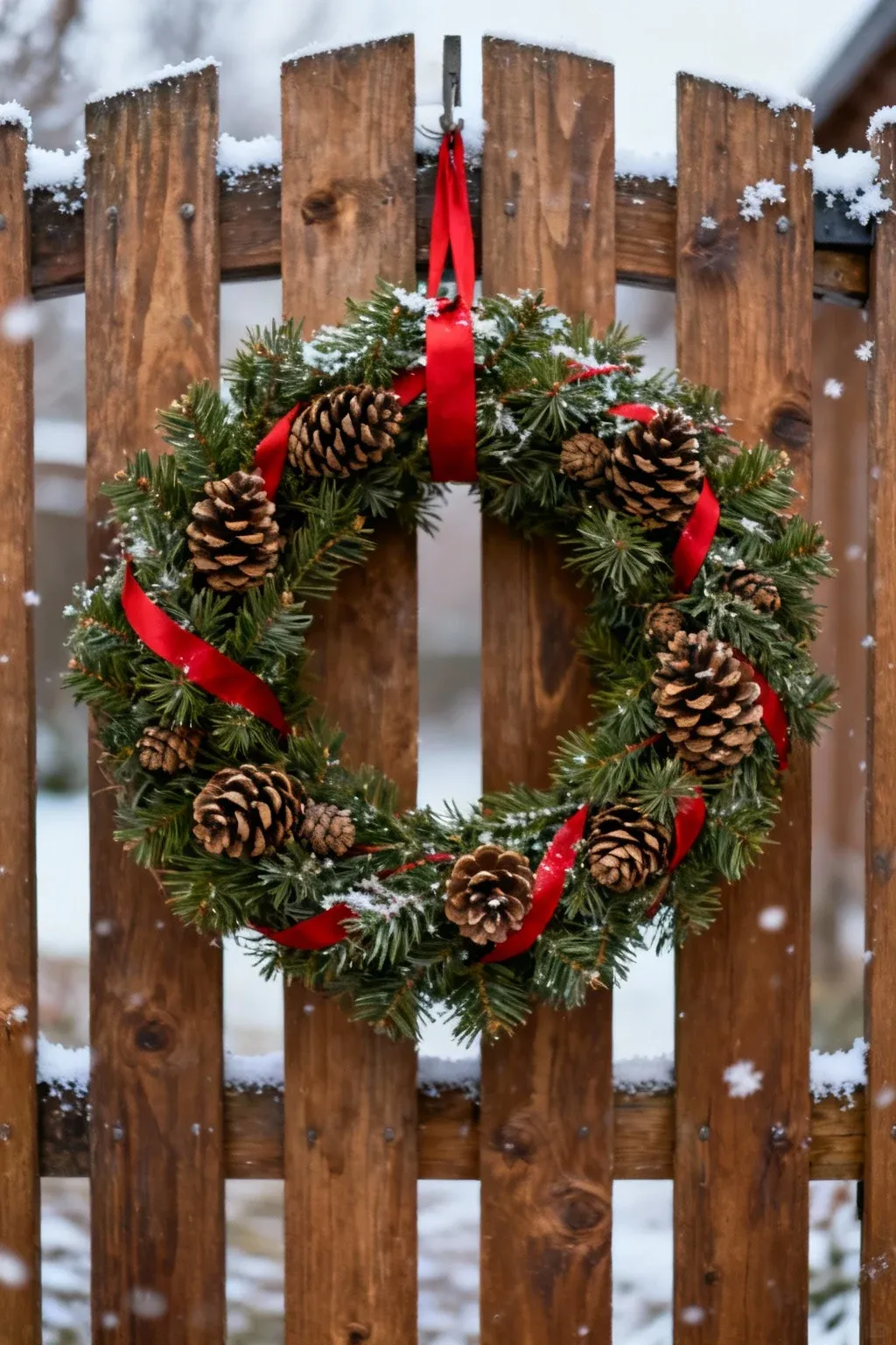 Evergreen wreath with ribbon and pinecones hanging on a wooden gate in winter.
